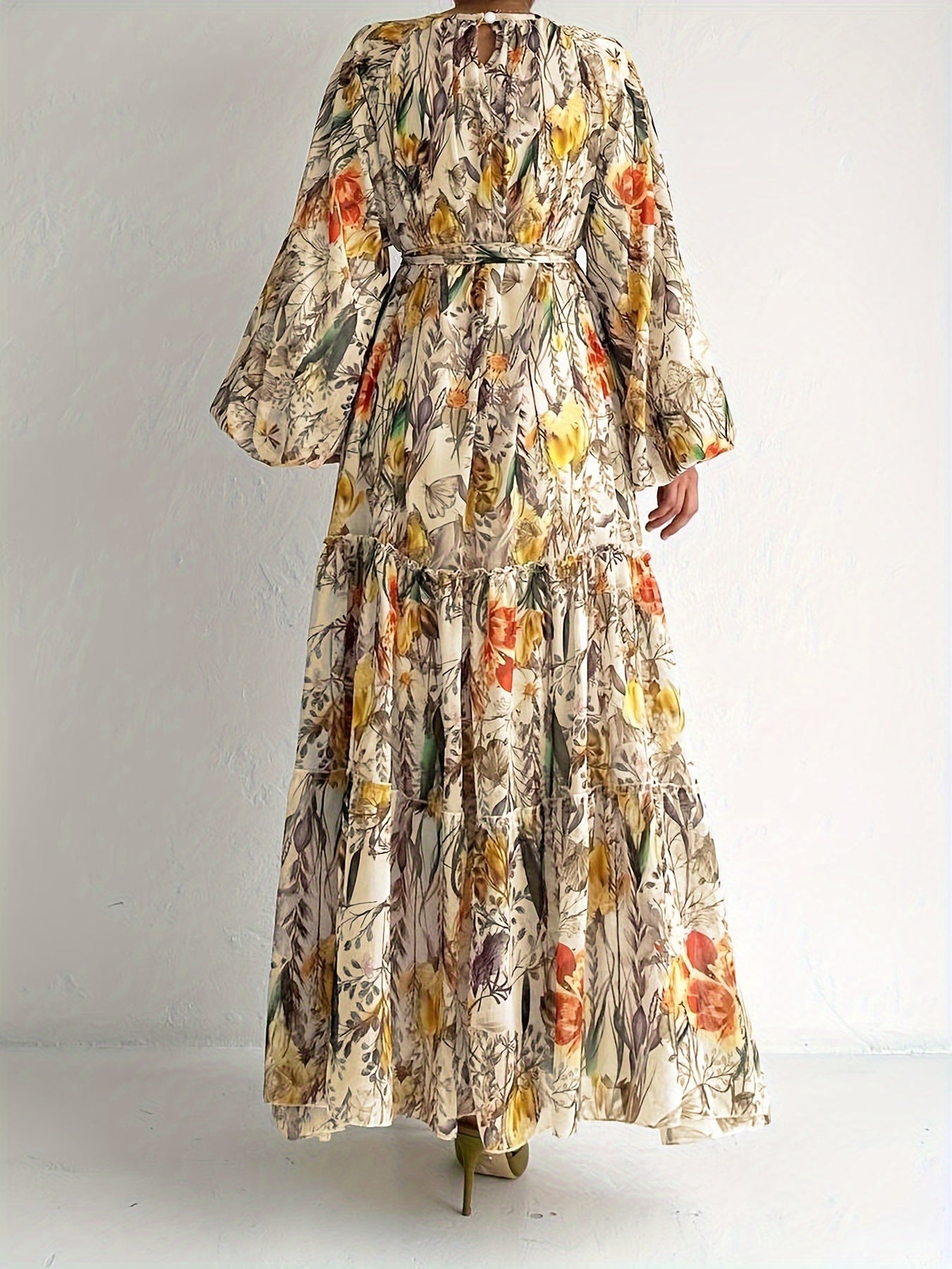 vlovelaw Floral Print Crew Neck Dress, Casual Lantern Sleeve Belted Dress, Women's Clothing