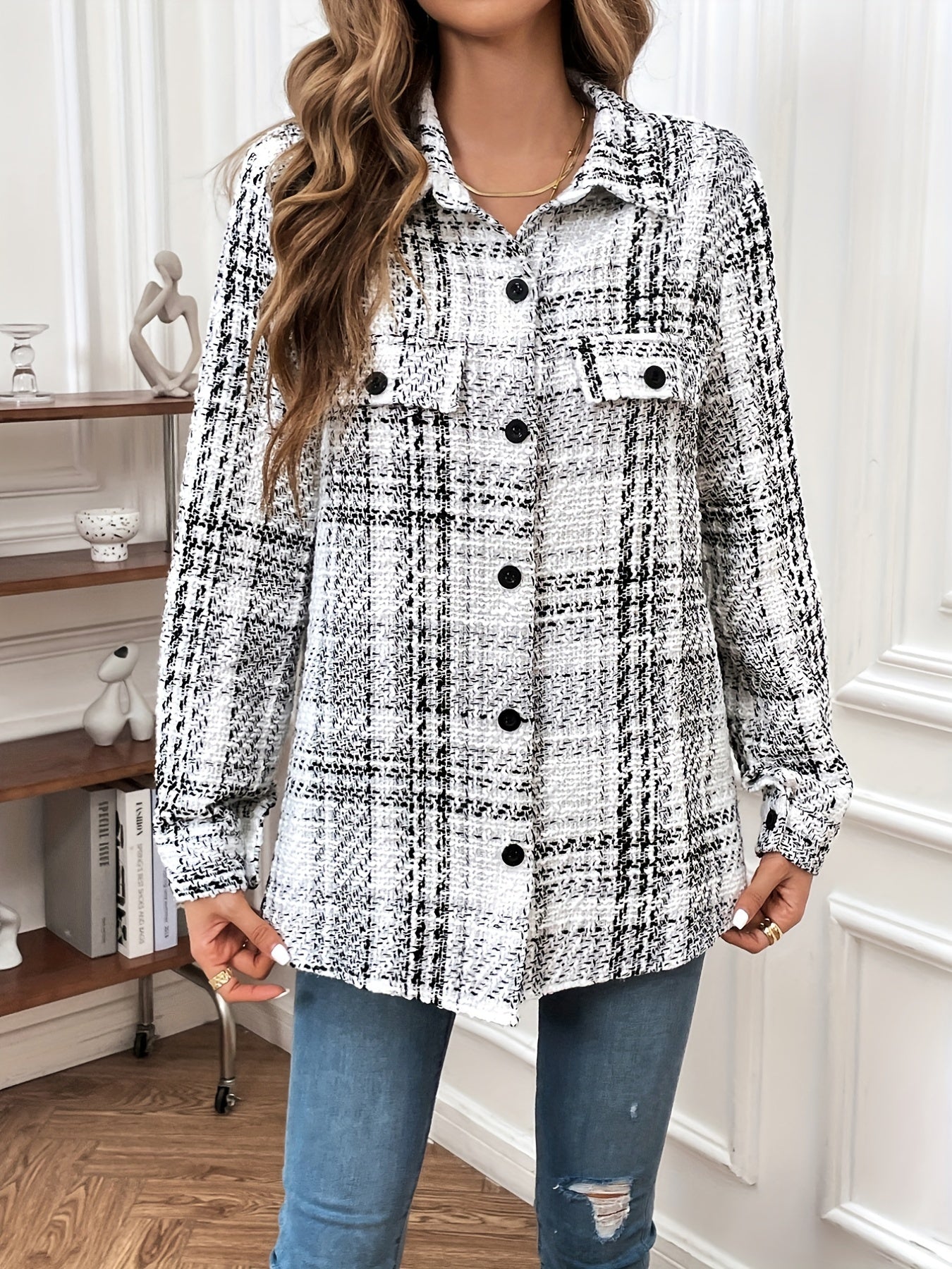Plaid Pattern Simple Jacket, Vintage Button Front Long Sleeve Outerwear, Women's Clothing