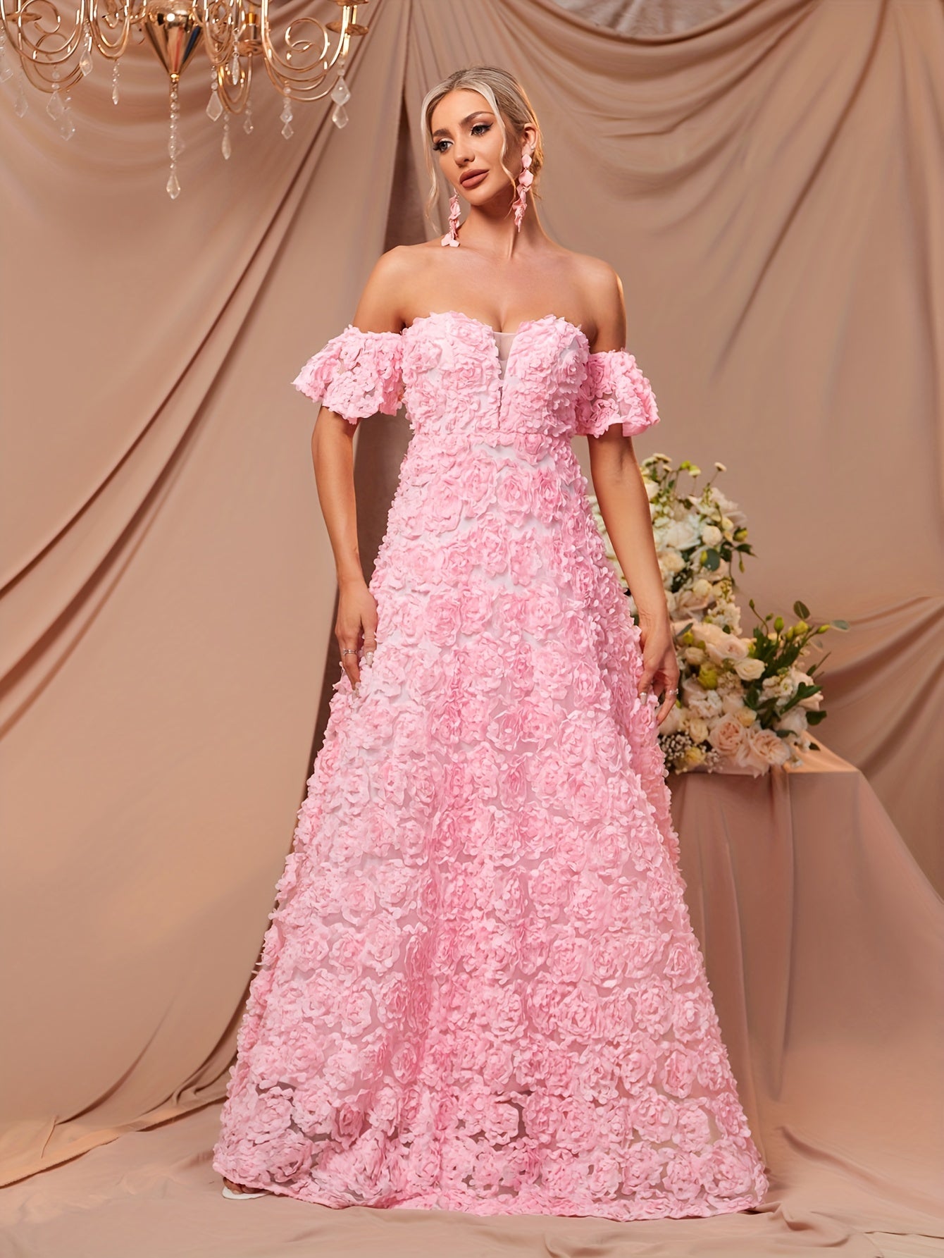 vlovelaw Sweetheart Neck Floral Dress, Puff Sleeve Off-shoulder Floor Length A-line Dress, Women's Clothing