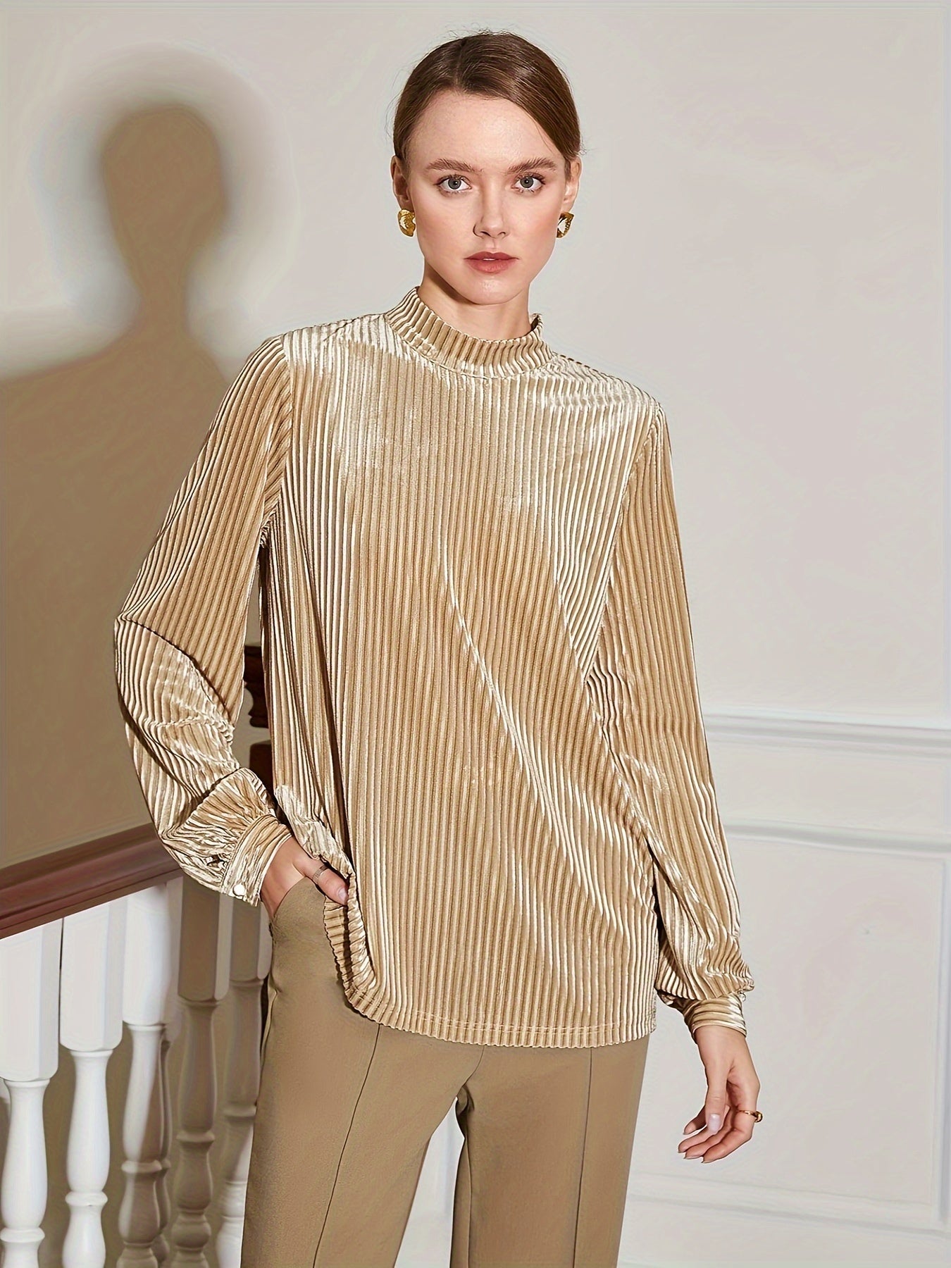 vlovelaw Solid Mock Neck Velvet T-shirt, Elegant Keyhole Long Sleeve Top For Spring & Fall, Women's Clothing