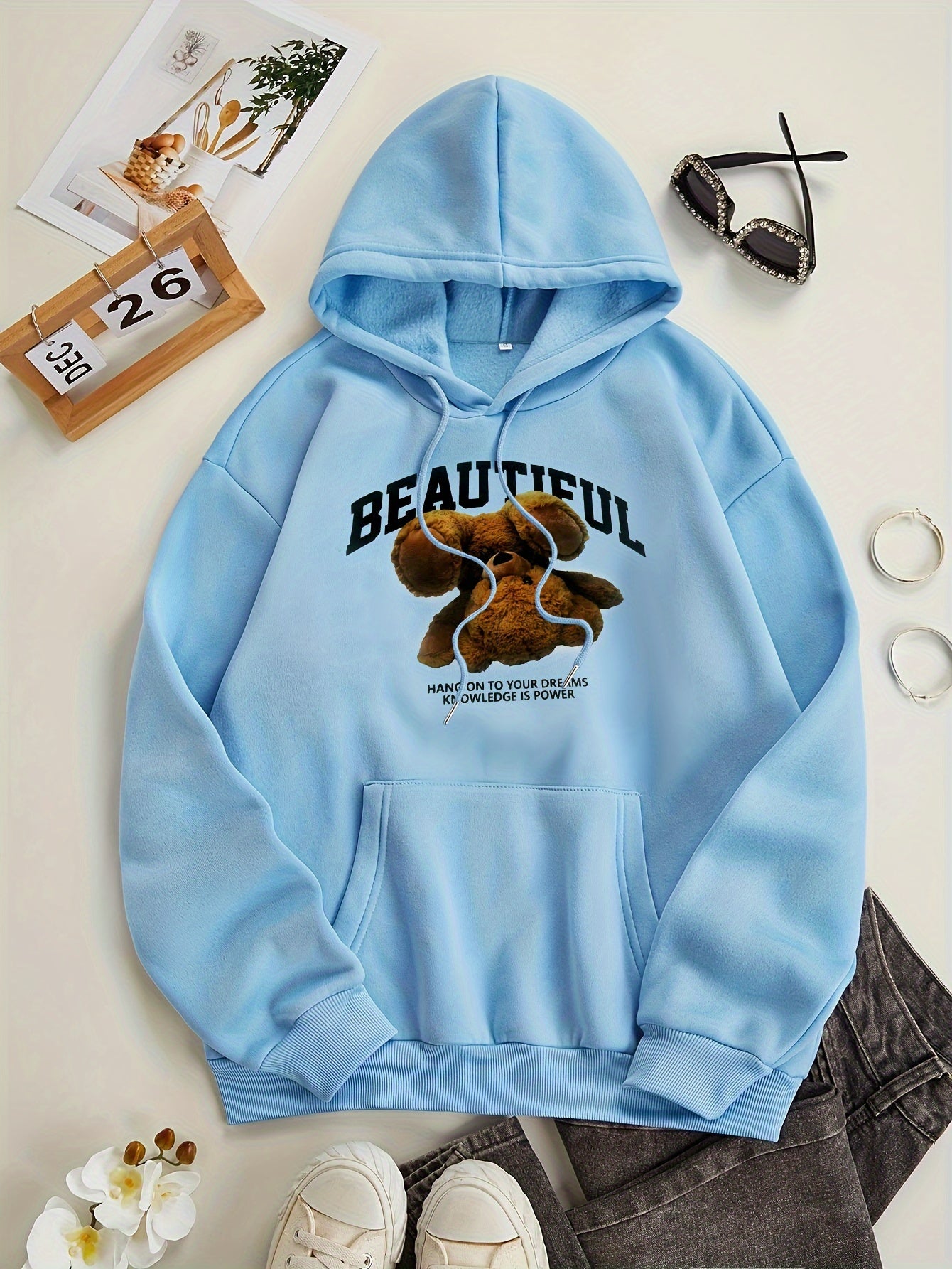 Bear Print Kangaroo Pocket Hoodie, Casual Long Sleeve Drawstring Hoodies Sweatshirt, Women's Clothing