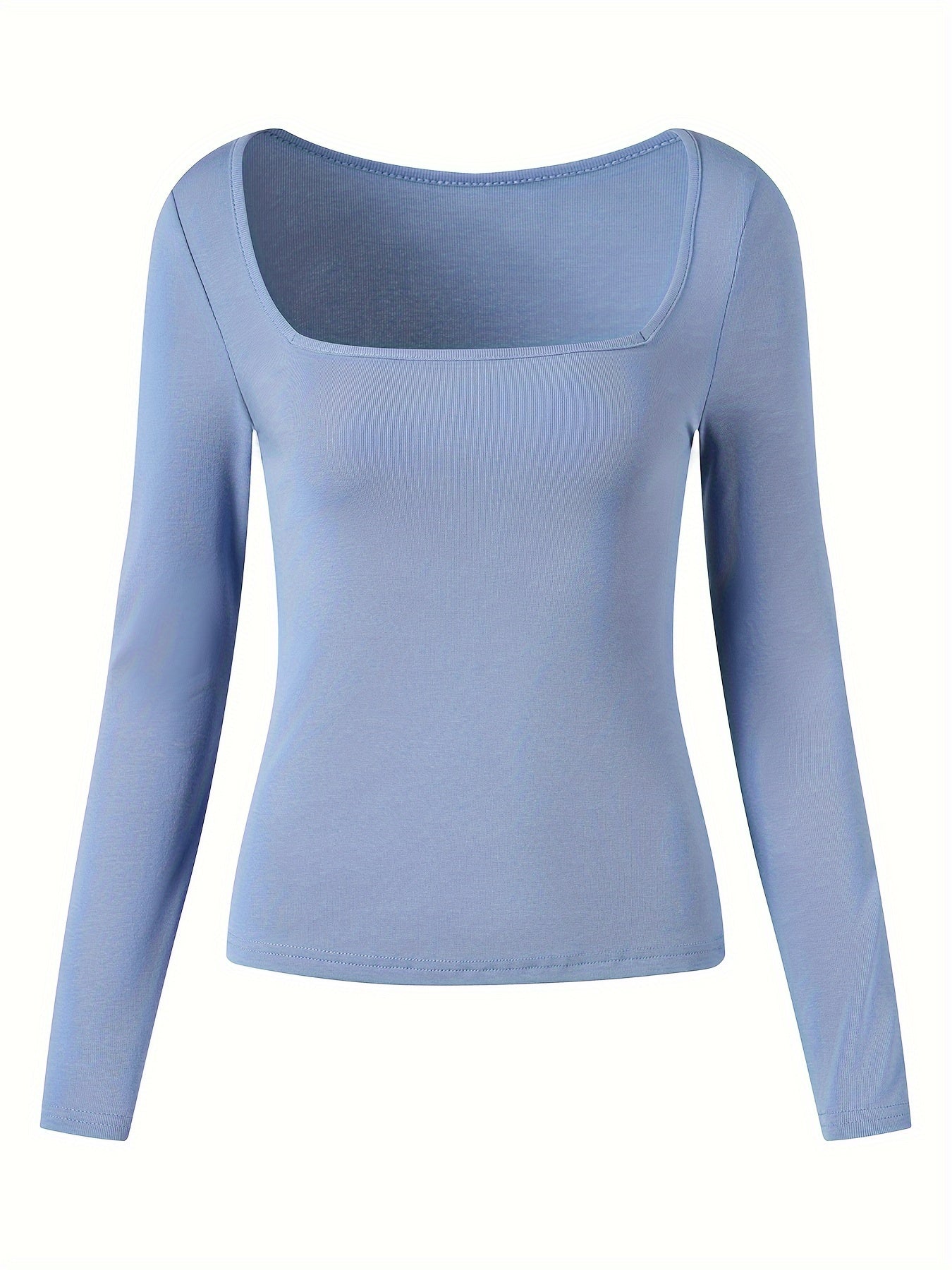 Solid Square Neck T-shirt, Elegant Long Sleeve Slim Top For Spring & Fall, Women's Clothing