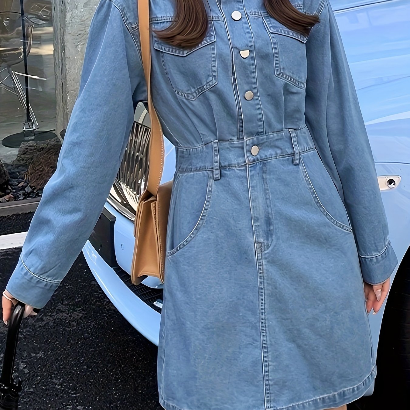 vlovelaw Single-breasted Long Sleeve Denim Dress With Belt, Lapel Casual Plain Washed Blue Flap Pocket Denim Dress, Women's Denim Jeans & Clothing