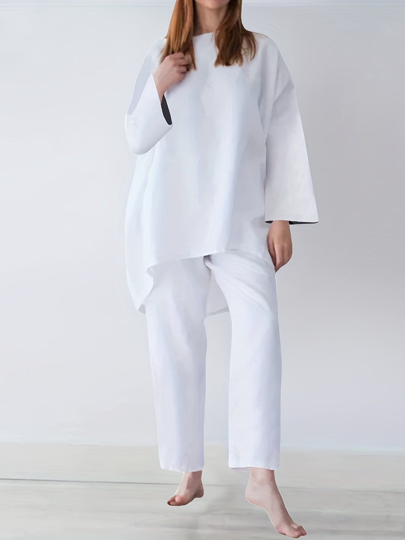 vlovelaw Solid Casual Two-piece Set, Long Sleeve Crew Neck Loose Tops & Wide Leg Pants Outfits, Women's Clothing