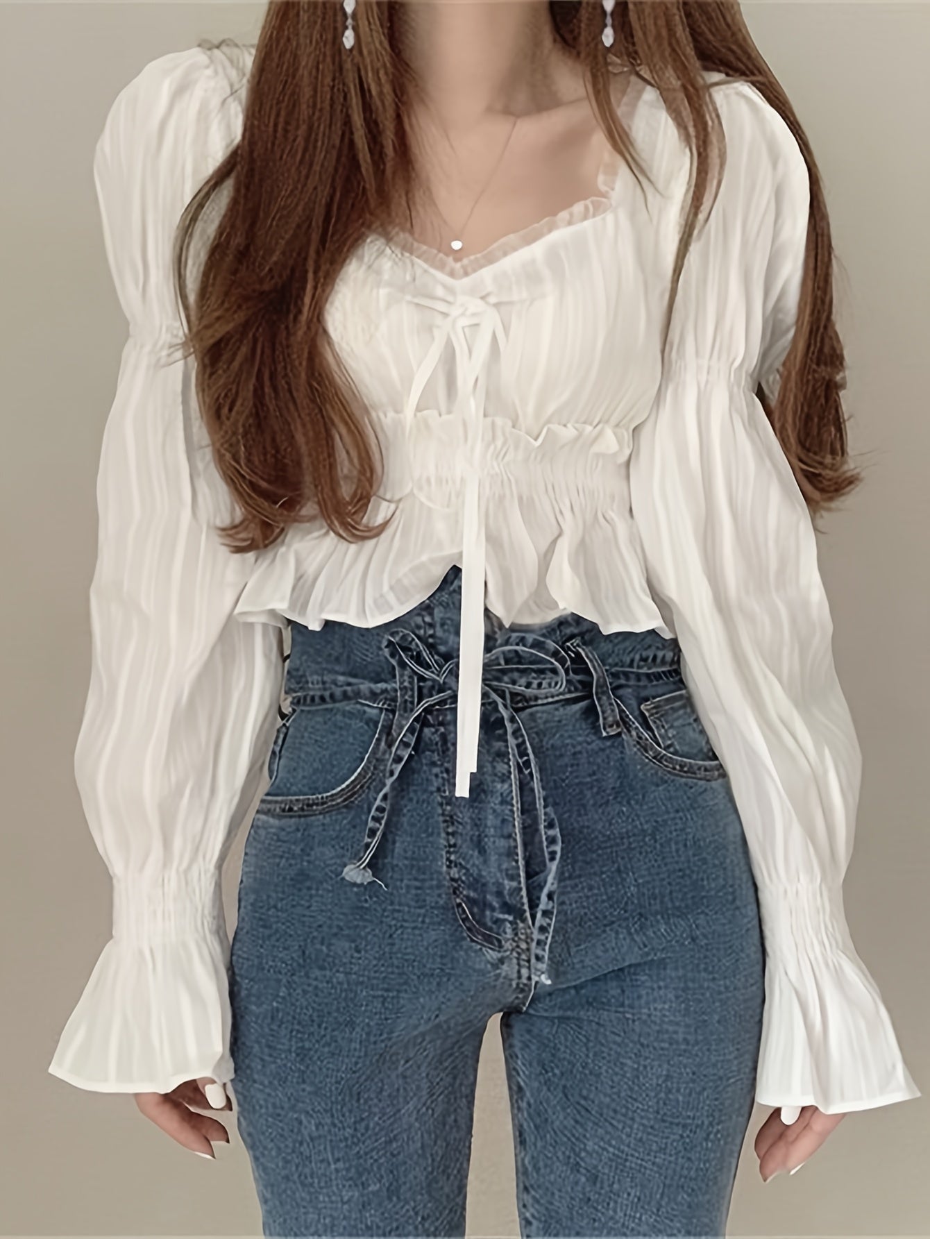 vlovelaw Ruffle Trim Queen Anne Neck Blouse, Chic Puff Sleeve Cinched Waist Crop Blouse For Spring & Fall, Women's Clothing