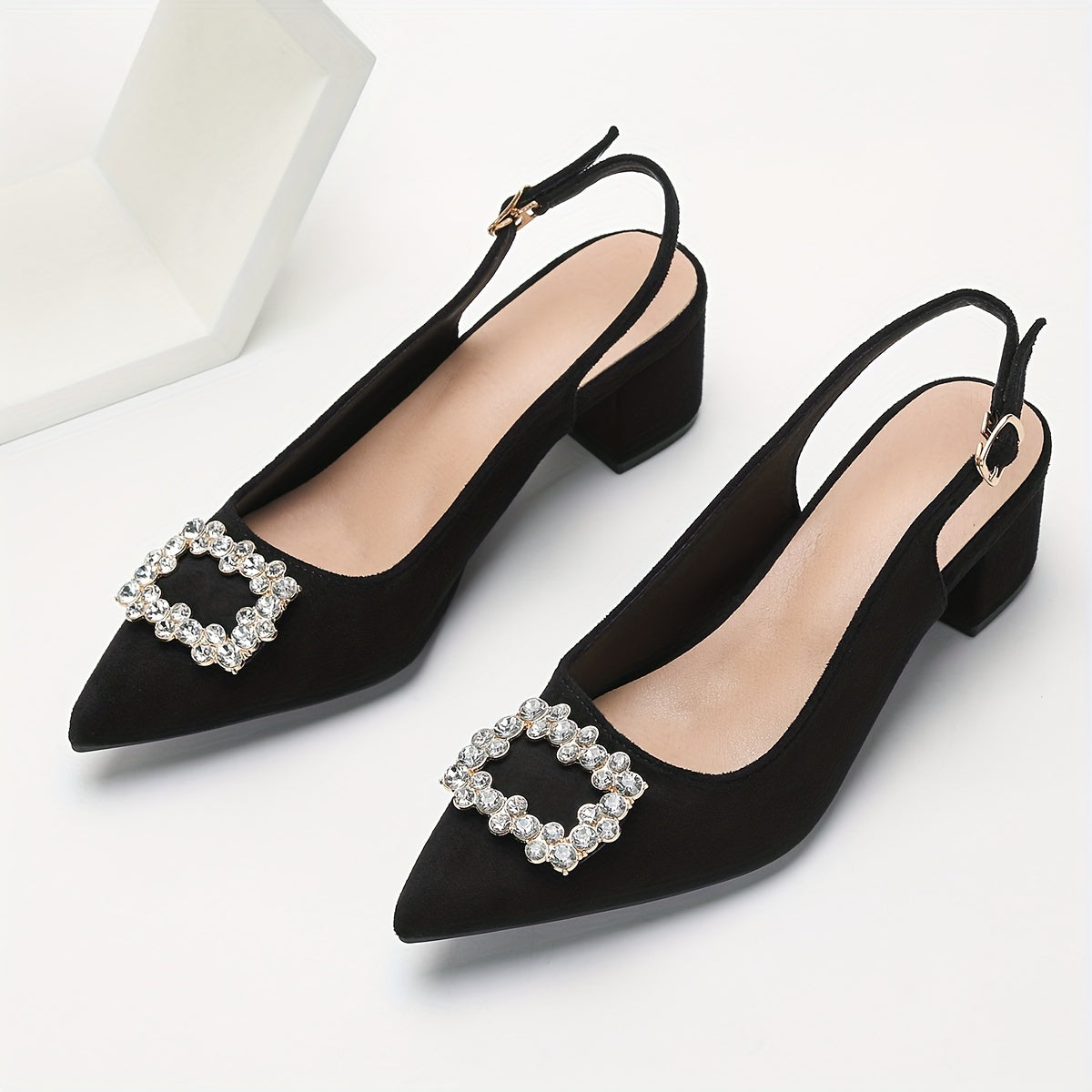 vlovelaw Women's Rhinestone Buckle Decor Chunky Heels, Elegant Point Toe Dress Pumps, Stylish Buckle Strap Heels