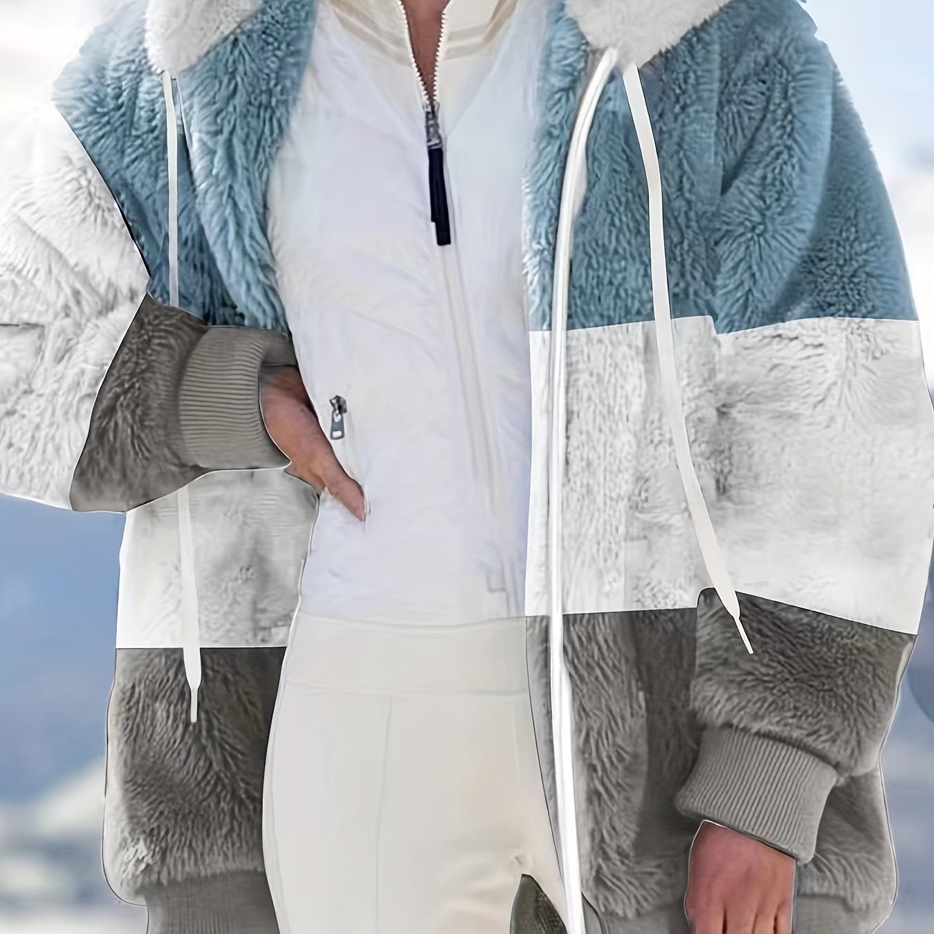 vlovelaw Color Block Hooded Teddy Coat, Casual Zip Up Long Sleeve Winter Warm Outerwear, Women's Clothing