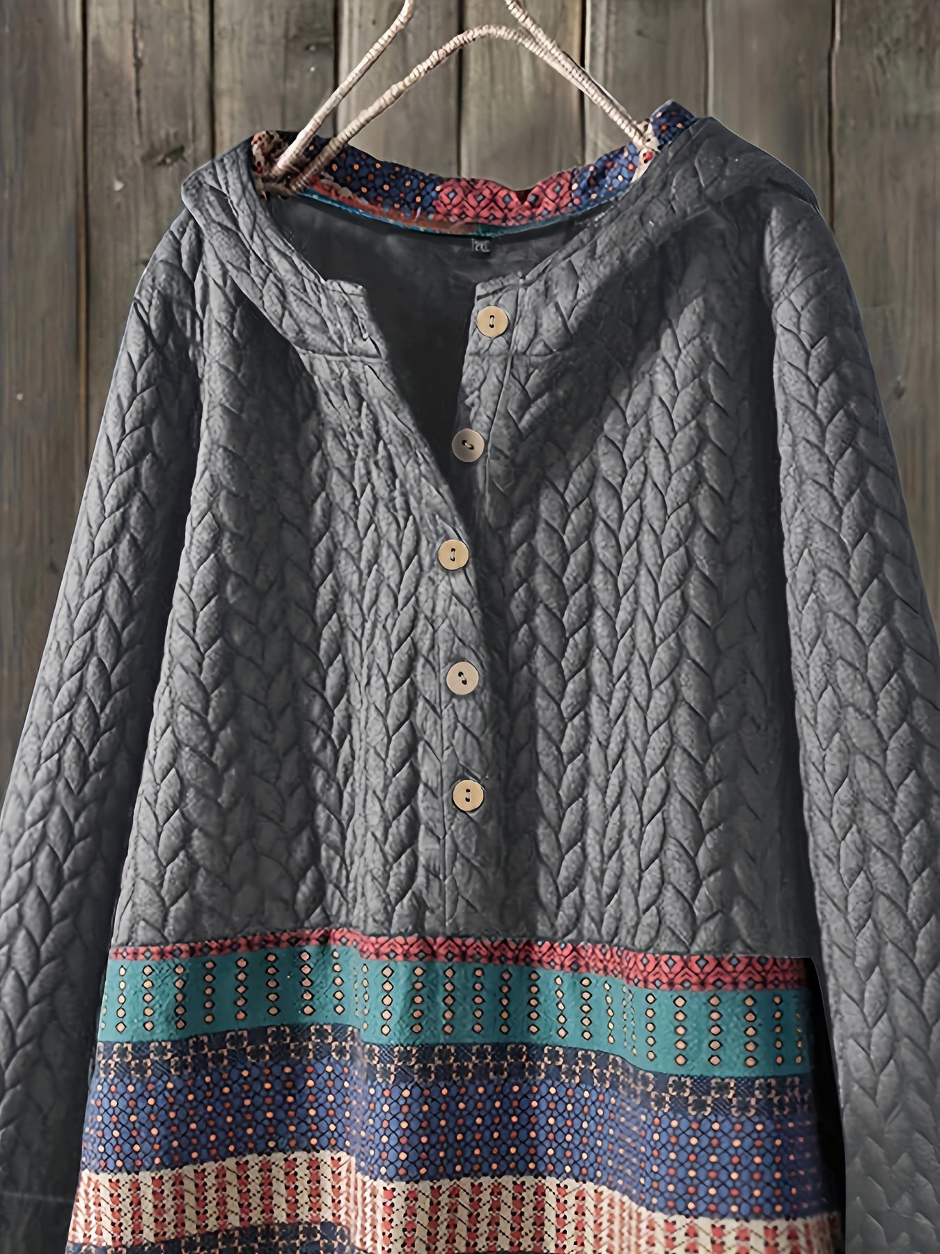 vlovelaw Tribal Print Long Sleeve Hooded Padded Jacket, Casual Button Front Loose Hem Outerwear, Women's Clothing