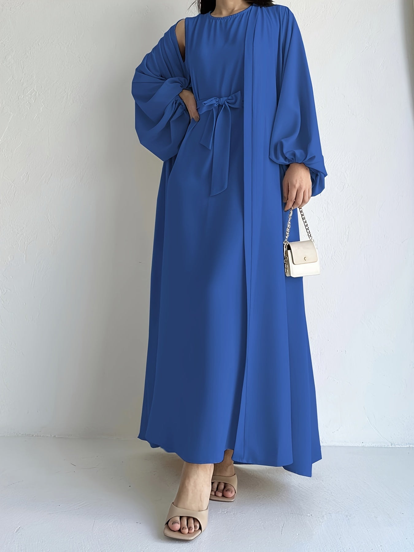 vlovelaw Ramadan Elegant Solid Two-piece Set, Open Front Coverup & Tie Waist Abayas Outfits, Women's Clothing