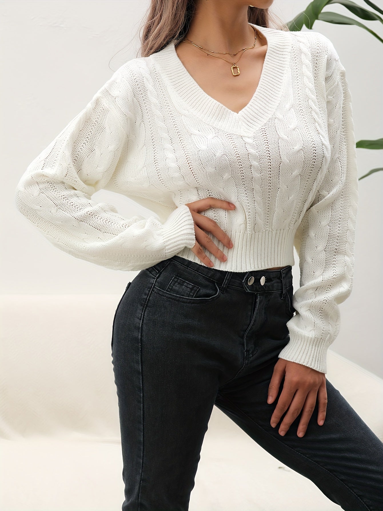 vlovelaw Solid Cable V Neck Sweater, Casual Long Sleeve Drop Shoulder Sweater, Women's Clothing