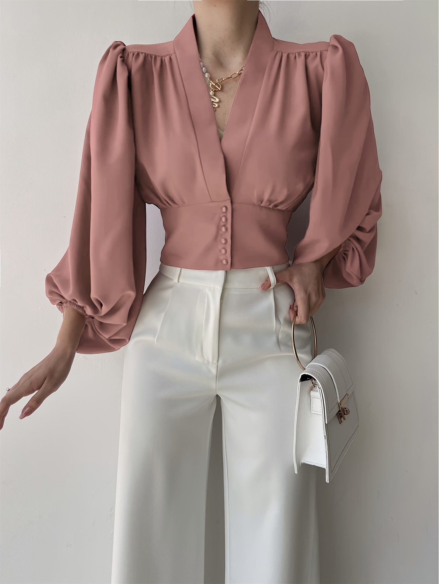 vlovelaw Solid Button Front V-neck Slim Blouse, Elegant Lantern Sleeve Blouse For Spring & Fall, Women's Clothing
