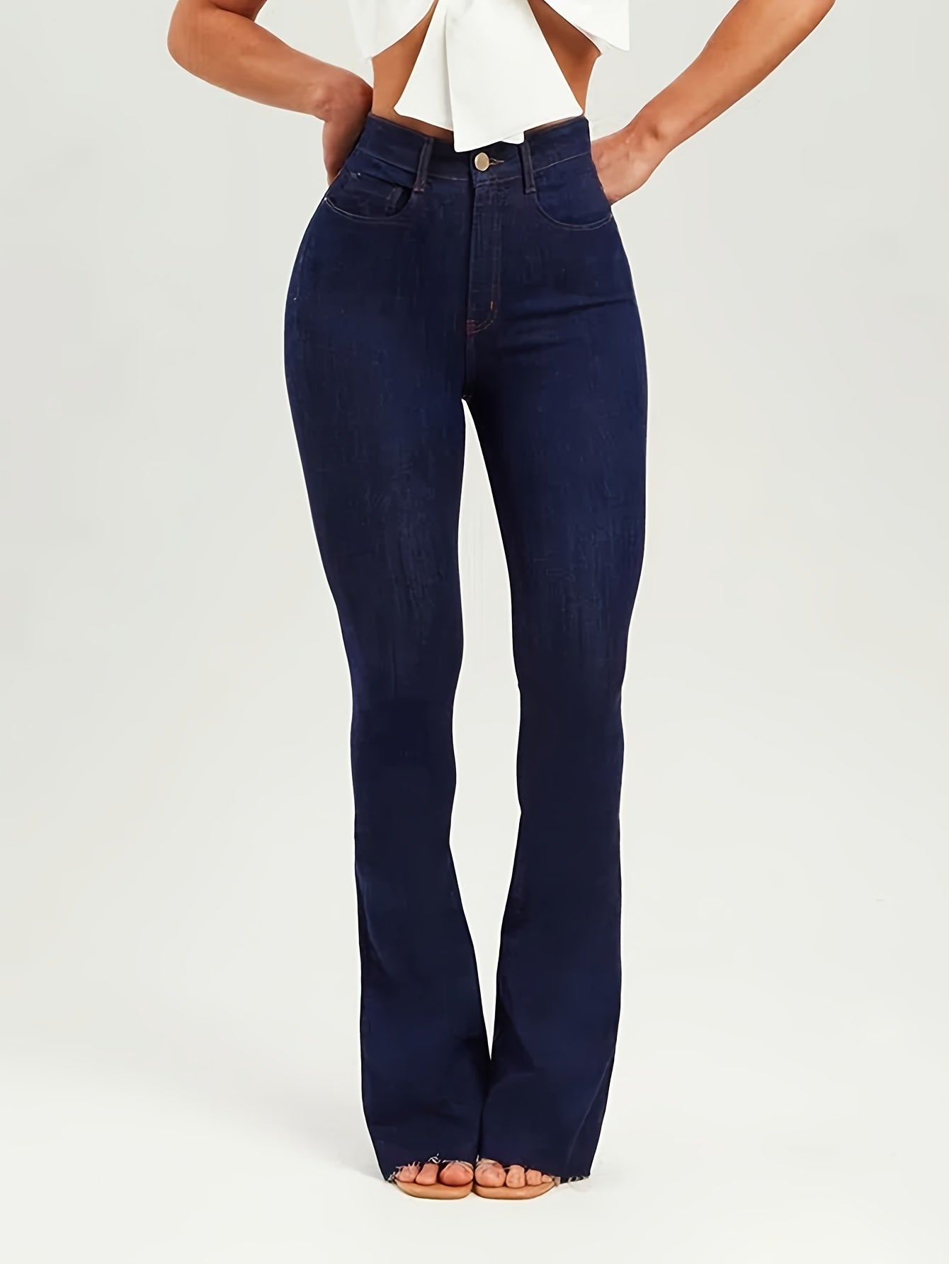 vlovelaw Solid Color Butt Lifting Flare Jeans For Women, Vintage Stretchy Zip Up Bootcut Pants, Women's Denim Jeans & Clothing