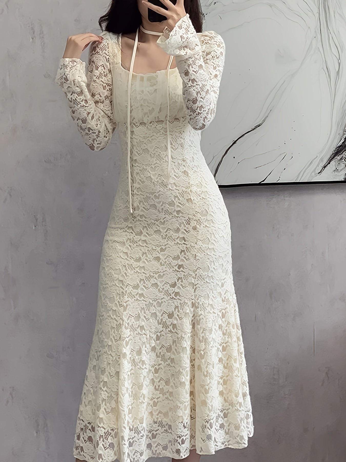 vlovelaw Square Neck Lace Trumpet Dress, Chic Long Sleeve Ruched Mid Calf Dress, Women's Clothing