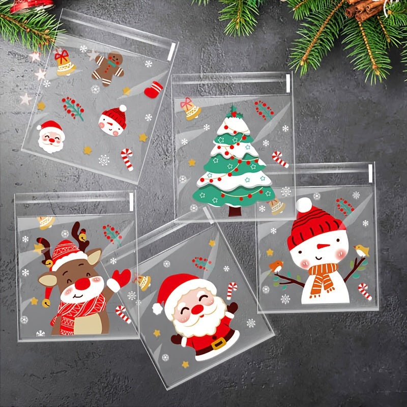 100pcs Christmas Candy Bags - Self-Adhesive Clear Plastic Snack Pouches for Holiday Party Supplies, Disposable Cookie Bags with Festive Santa, Reindeer, Snowman Designs (5 Styles)
