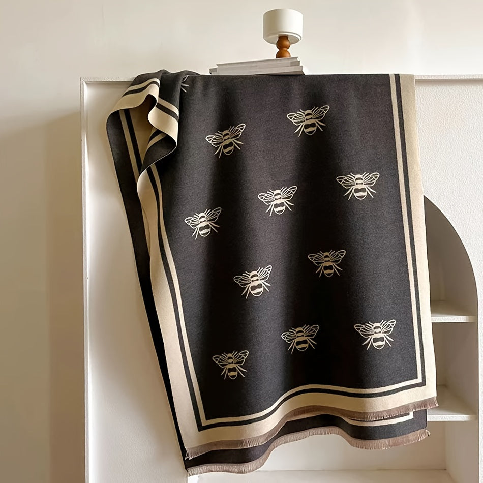Bee Jacquard Scarf - Timeless Elegant Style, Ultra-Soft, Warm and Cozy, Fashionable Fringe, Windproof and Coldproof - Perfect for Autumn and Winter, Versatile Shawl Design, Cozy Blanket Scarf