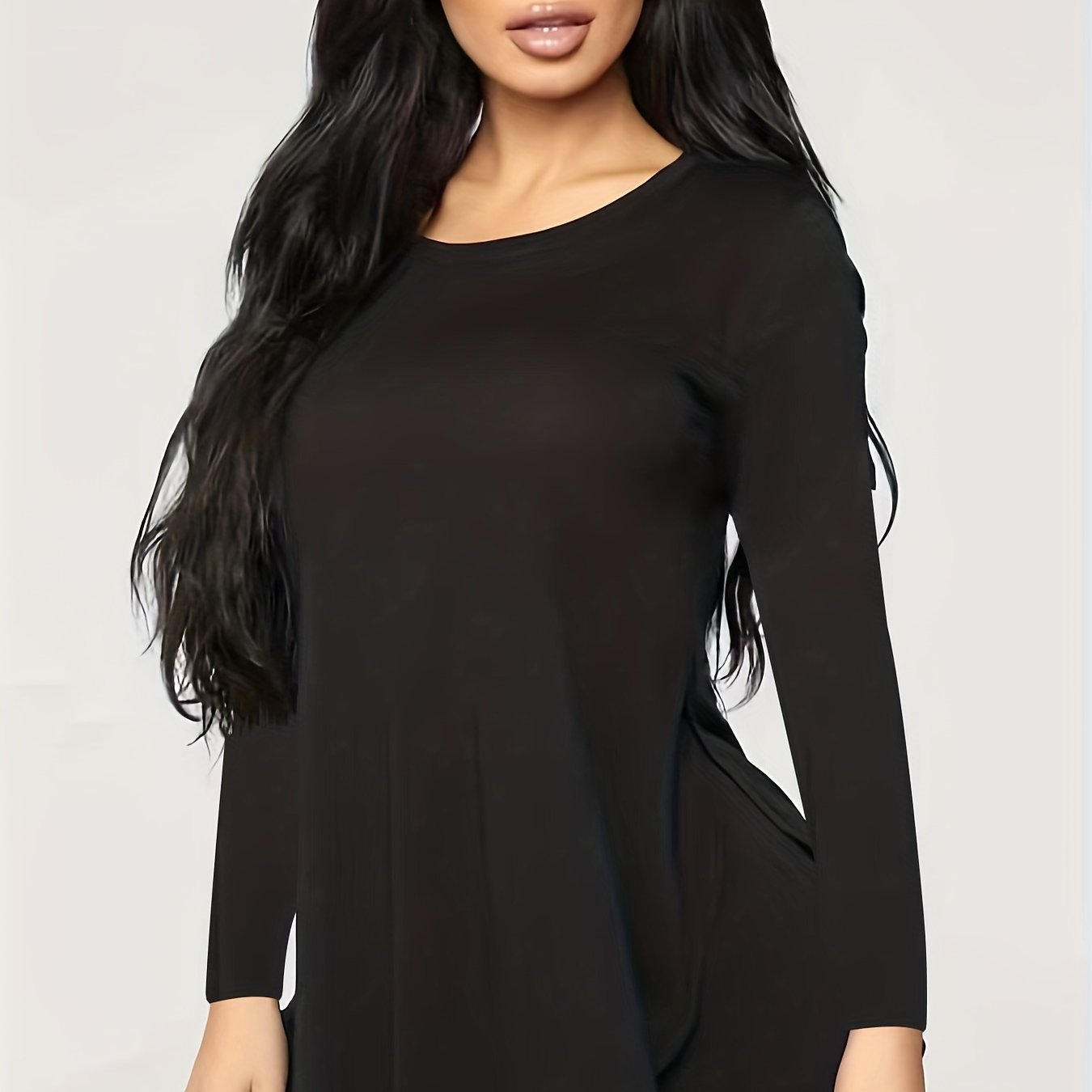 vlovelaw Solid Curved Hem Crew Neck T-Shirt, Casual Long Sleeve Top For Spring & Fall, Women's Clothing