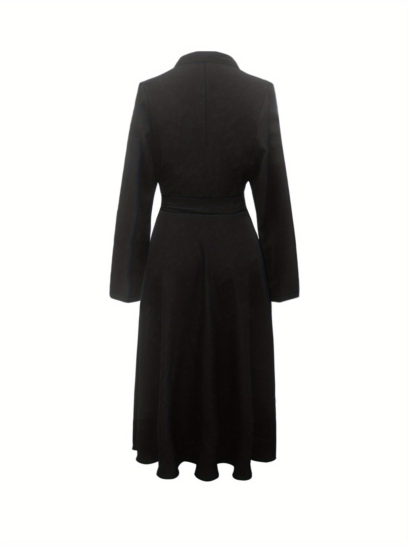 Solid V Neck Belted Dress, Casal Long Sleeve Dress For Spring & Fall, Women's Clothing