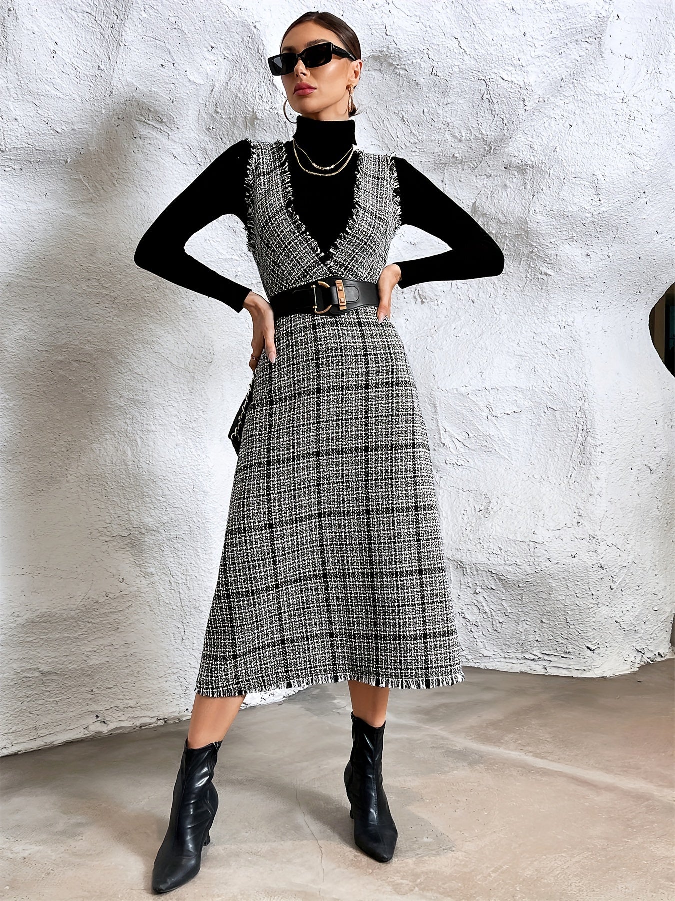 vlovelaw Plaid Print Raw Trim Overall Dress, Sleeveless V-neck Elegant Dress, Women's Clothing