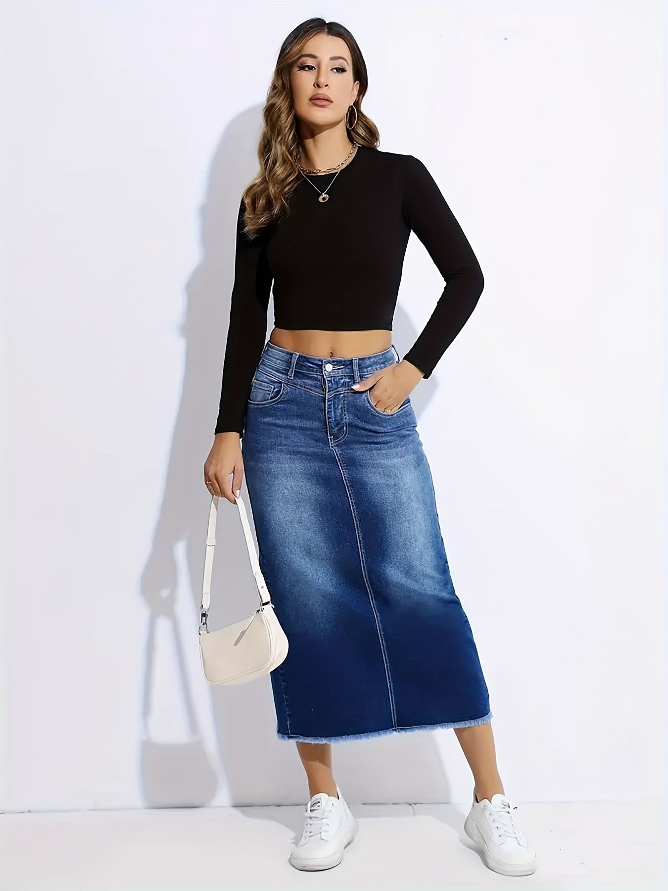 Blue Raw Hem Denim Skirt, High-Stretch Slant Pockets Split Back Denim Midi Skirt, Women's Denim Clothing