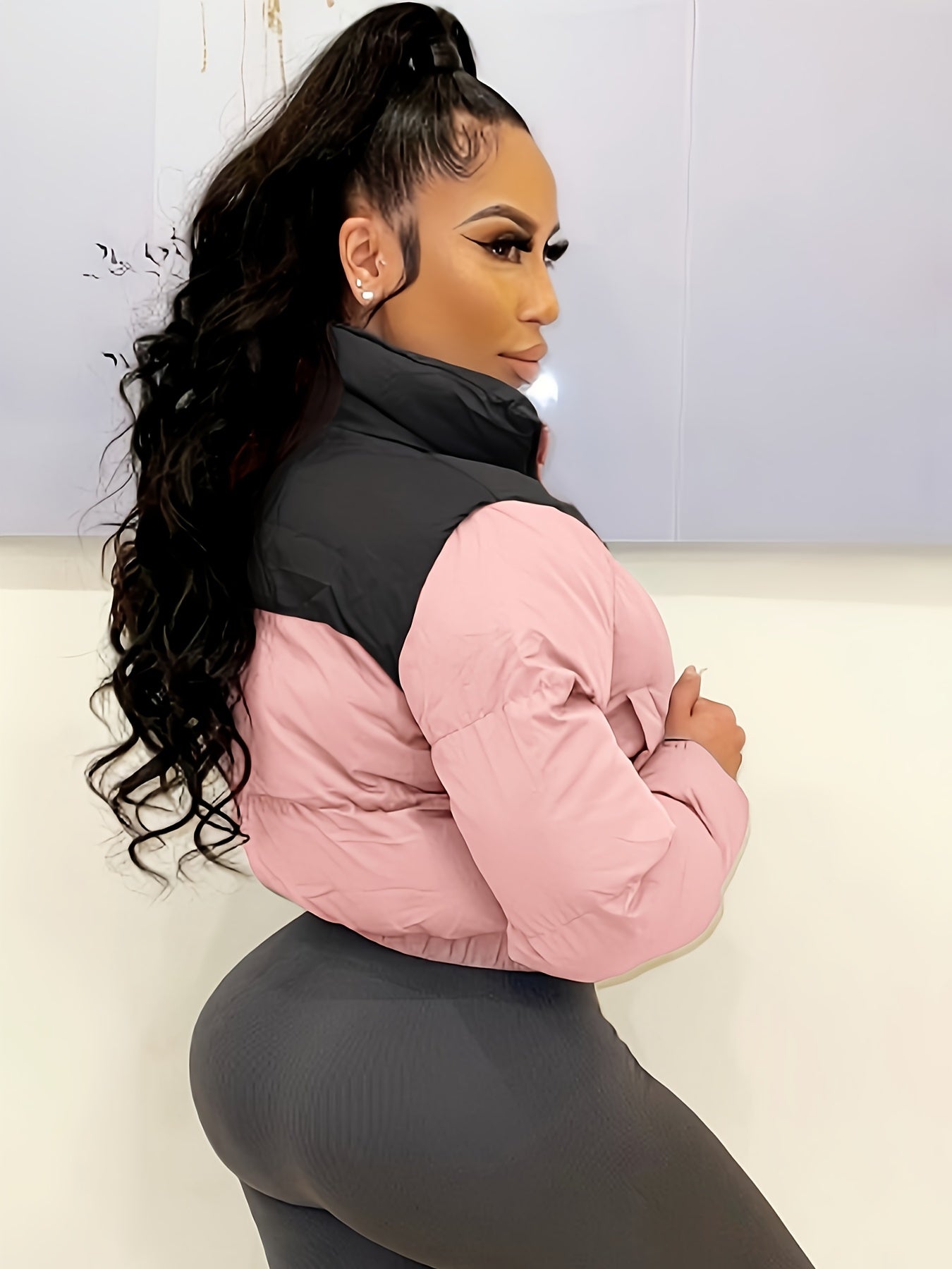 vlovelaw Two Tone Zip Up Crop Parka, Winter & Fall Long Sleeve Casual Coat, Women's Clothing