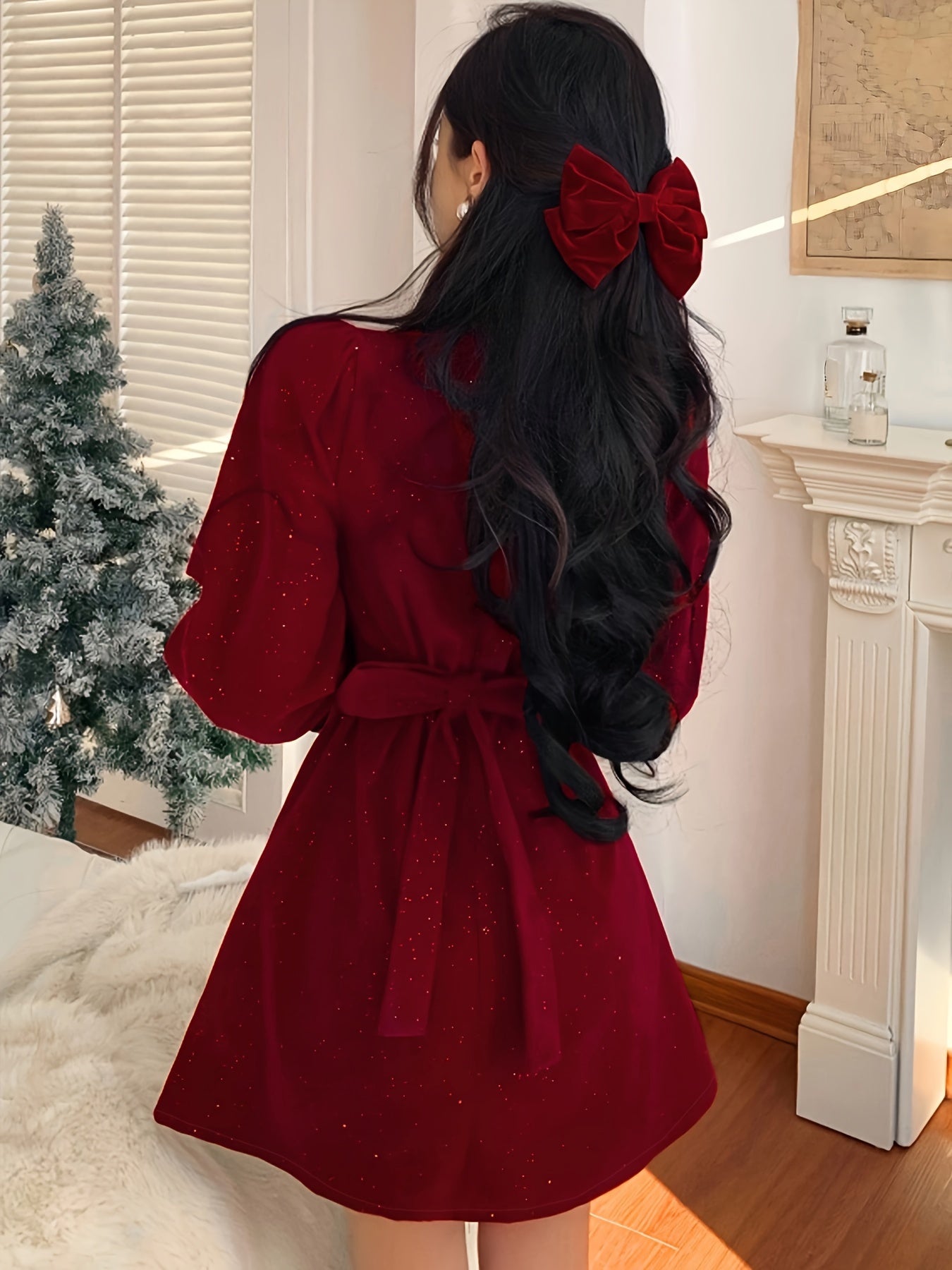 vlovelaw Bow Decor Cut Out Dress, Chic Long Sleeve A-line Dress, Women's Clothing