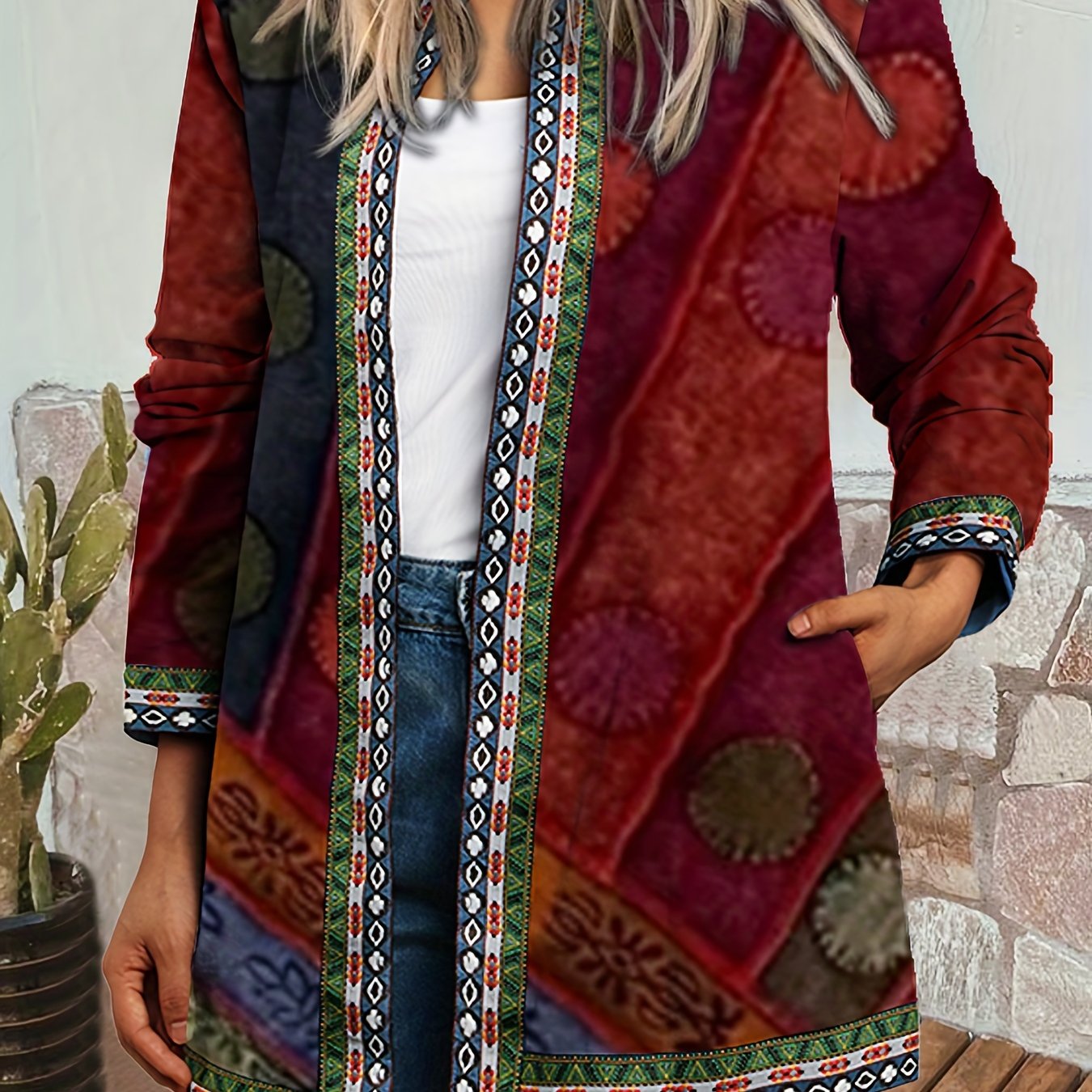 Ethnic Print Open Front Jacket, Vintage Long Sleeve Crew Neck Outerwear, Women's Clothing