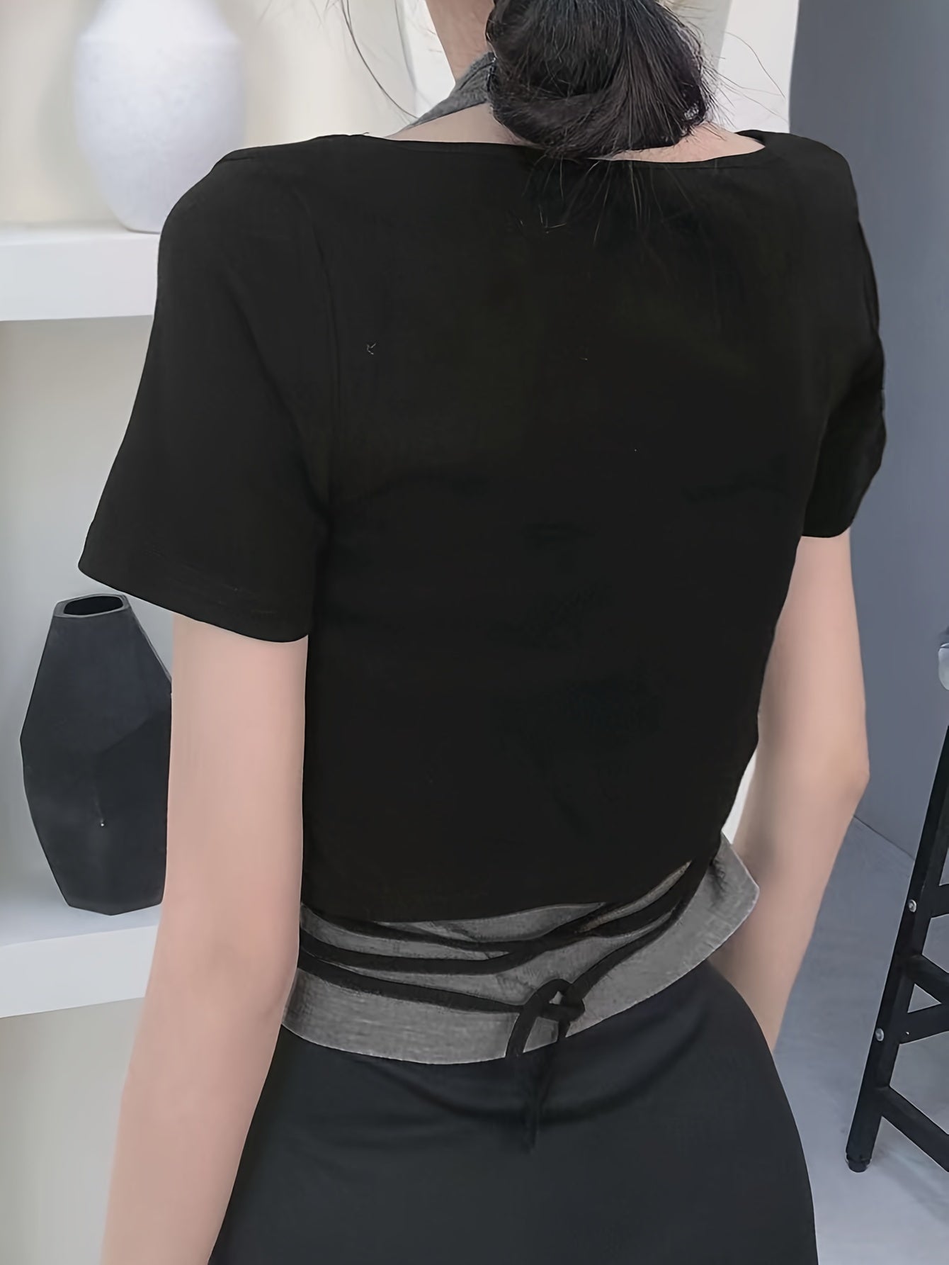 vlovelaw 2 In 1 Halter Neck Color Block T-Shirt, Casual Lace Up Short Sleeve Top For Spring & Summer, Women's Clothing