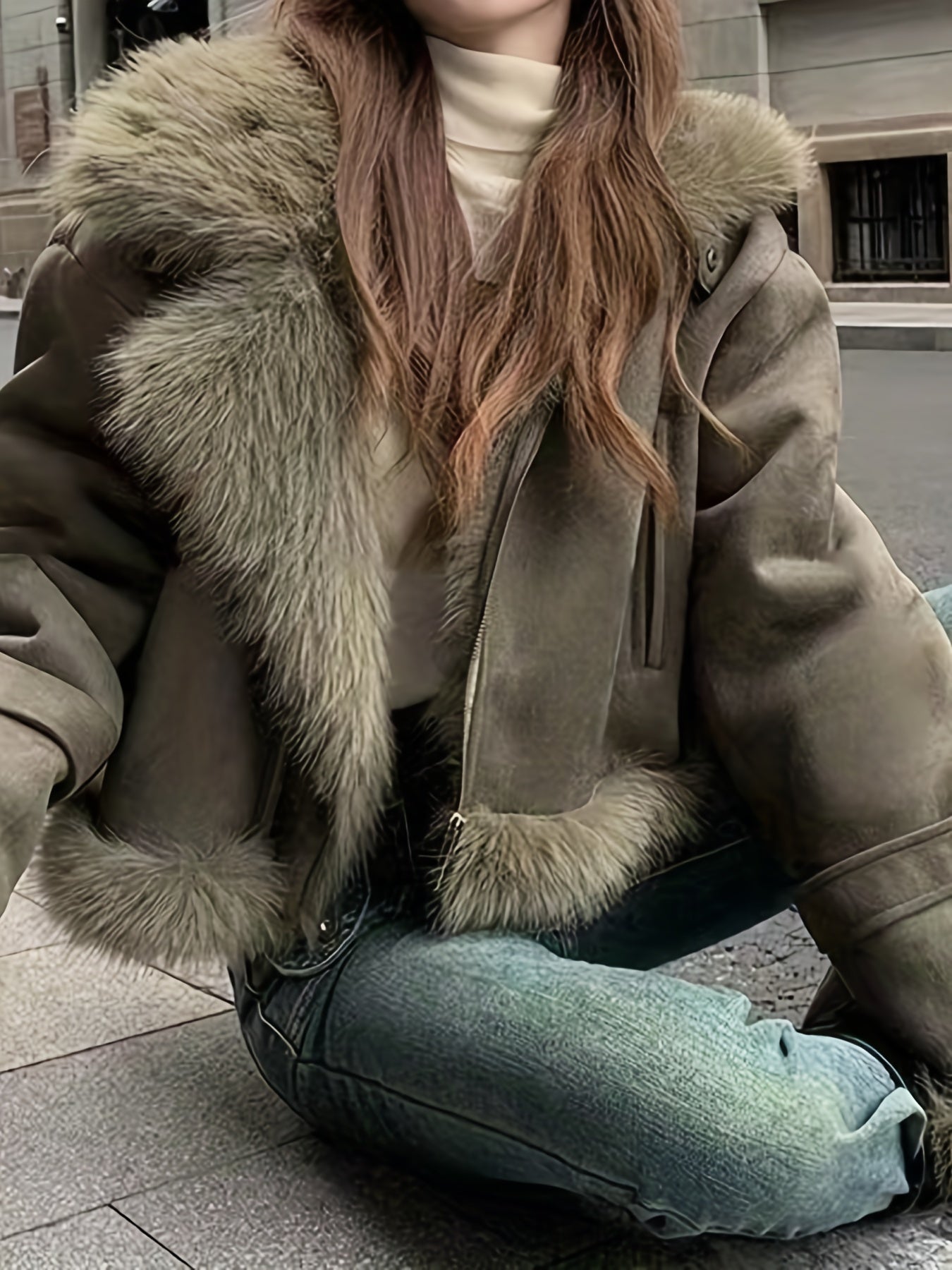 vlovelaw Faux Fur Trim Zip Up Jacket, Elegant Long Sleeve Warm Outerwear For Fall & Winter, Women's Clothing