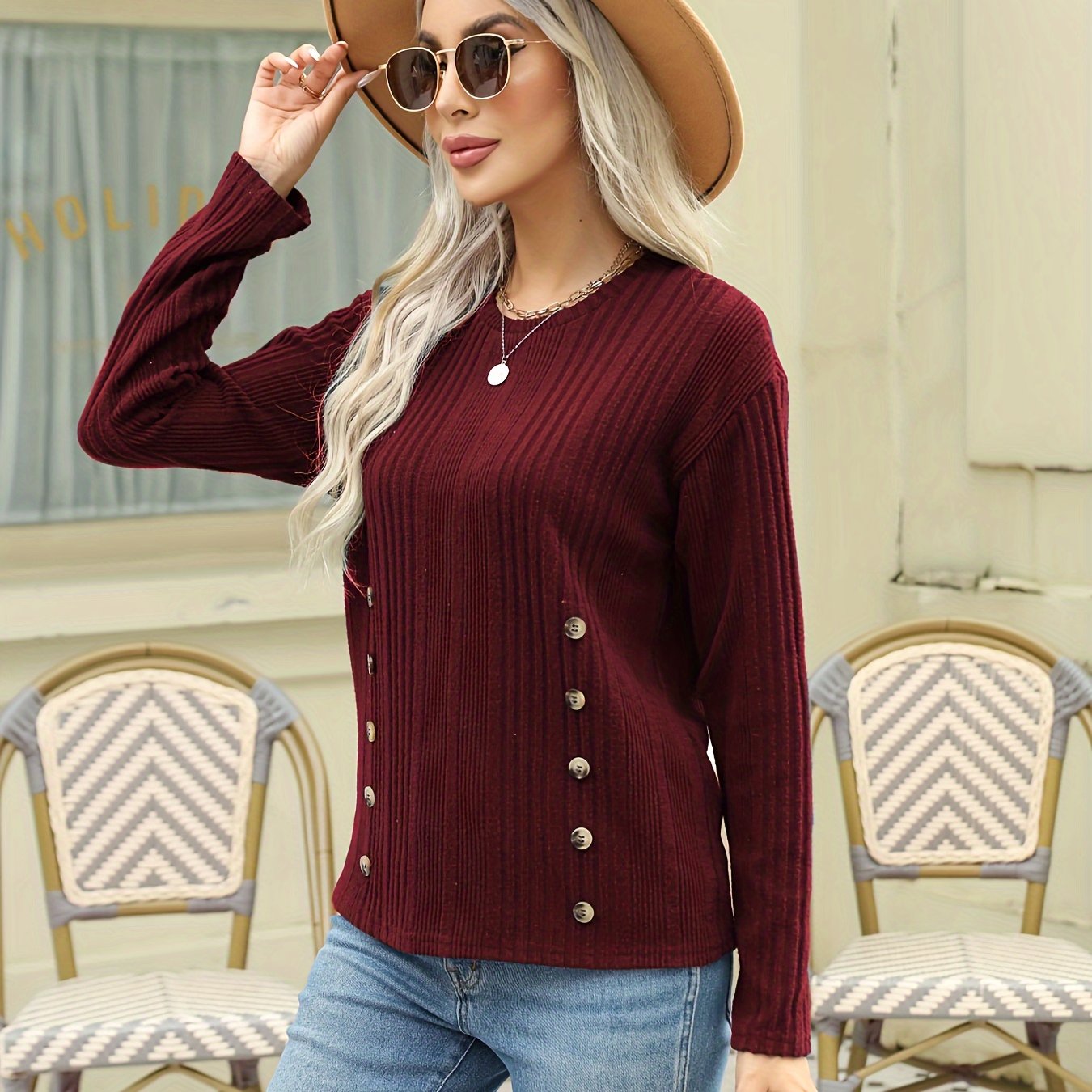 vlovelaw Ribbed Button Decor Crew Neck T-Shirt, Casual Long Sleeve Top For Spring & Fall, Women's Clothing