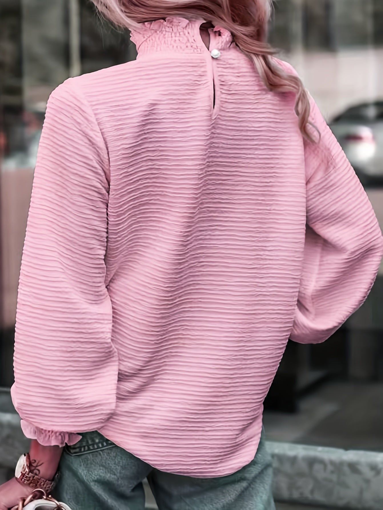 Women's Blouse High Neck Lettuce Trim Solid Texture Lantern Sleeve Tops