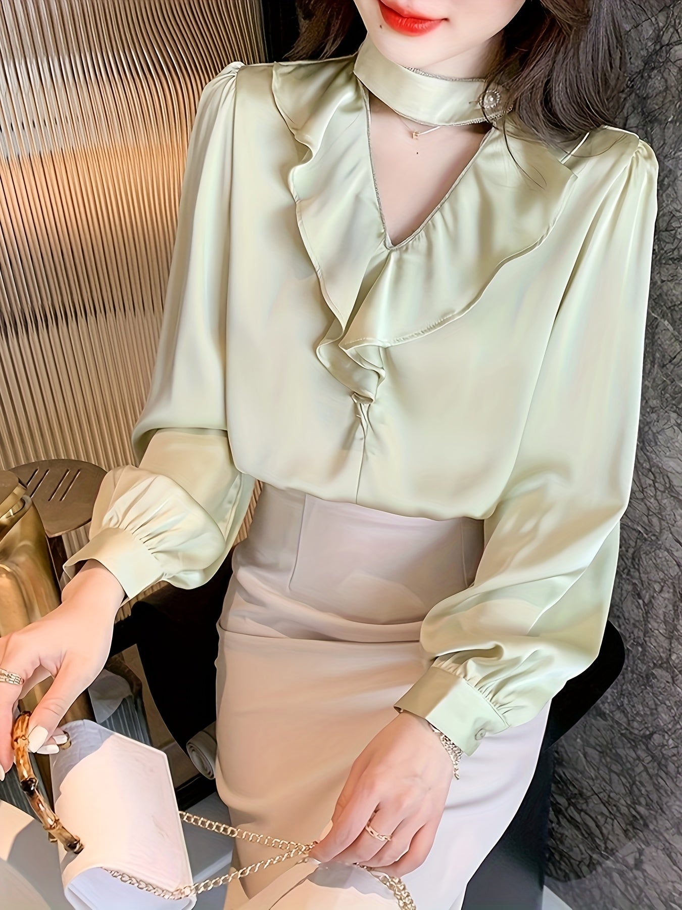 Solid Ruffle Choker Neck Blouse, Elegant Lantern Long Sleeve Blouse For Spring & Fall, Women's Clothing