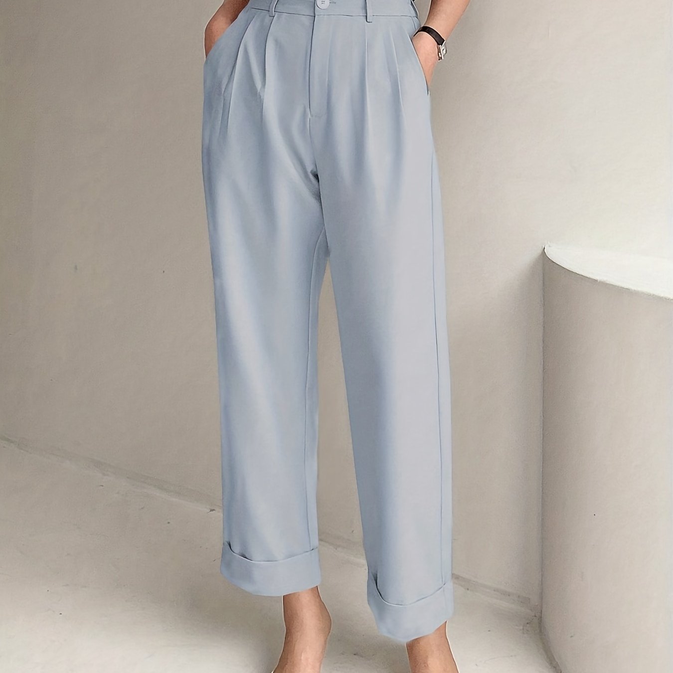 Solid Button Straight Leg Pants, Casual High Waist Draped Pleated Pants, Women's Clothing