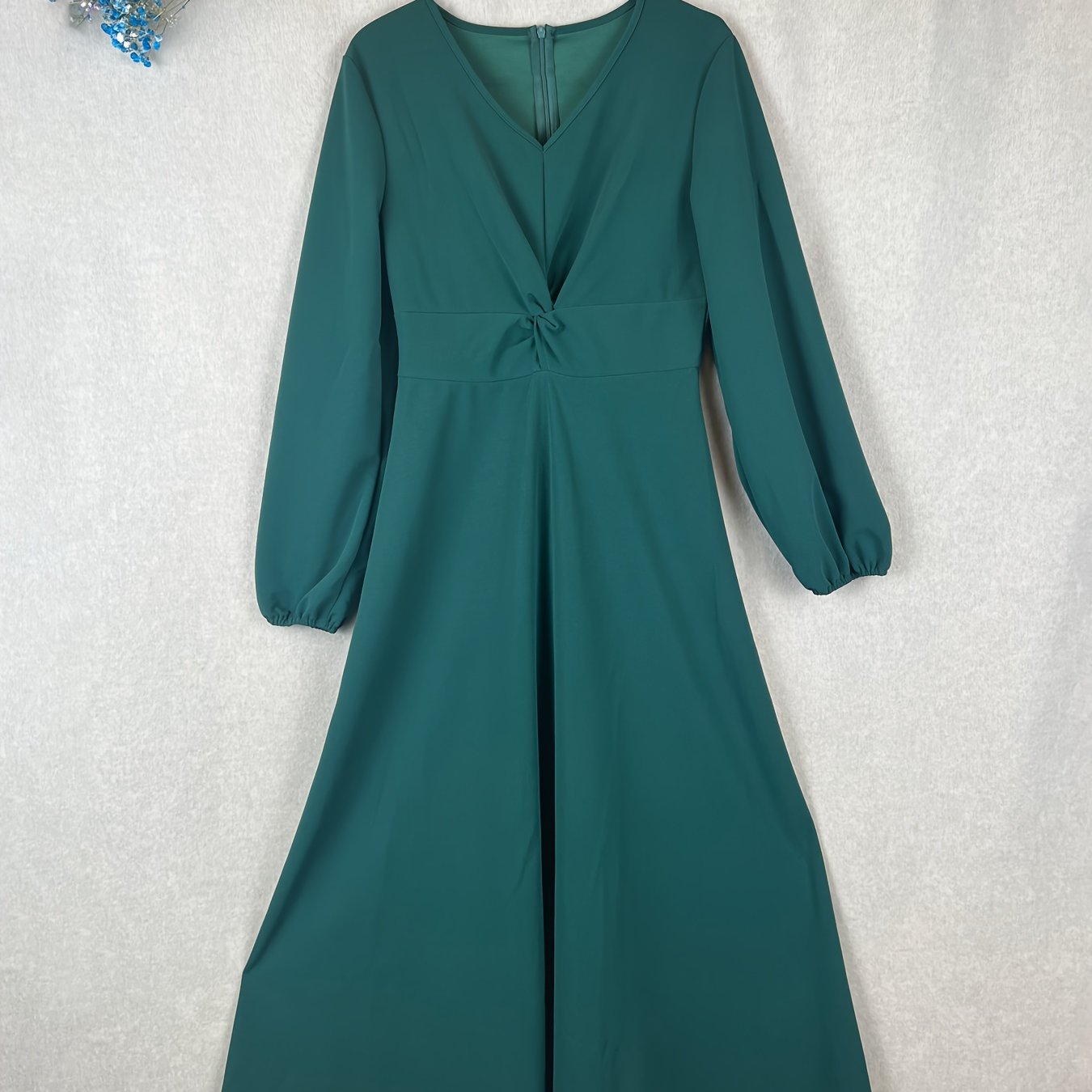 vlovelaw Twist Front Lantern Sleeve Dress, Chic V Neck A-line Dress For Spring & Fall, Women's Clothing