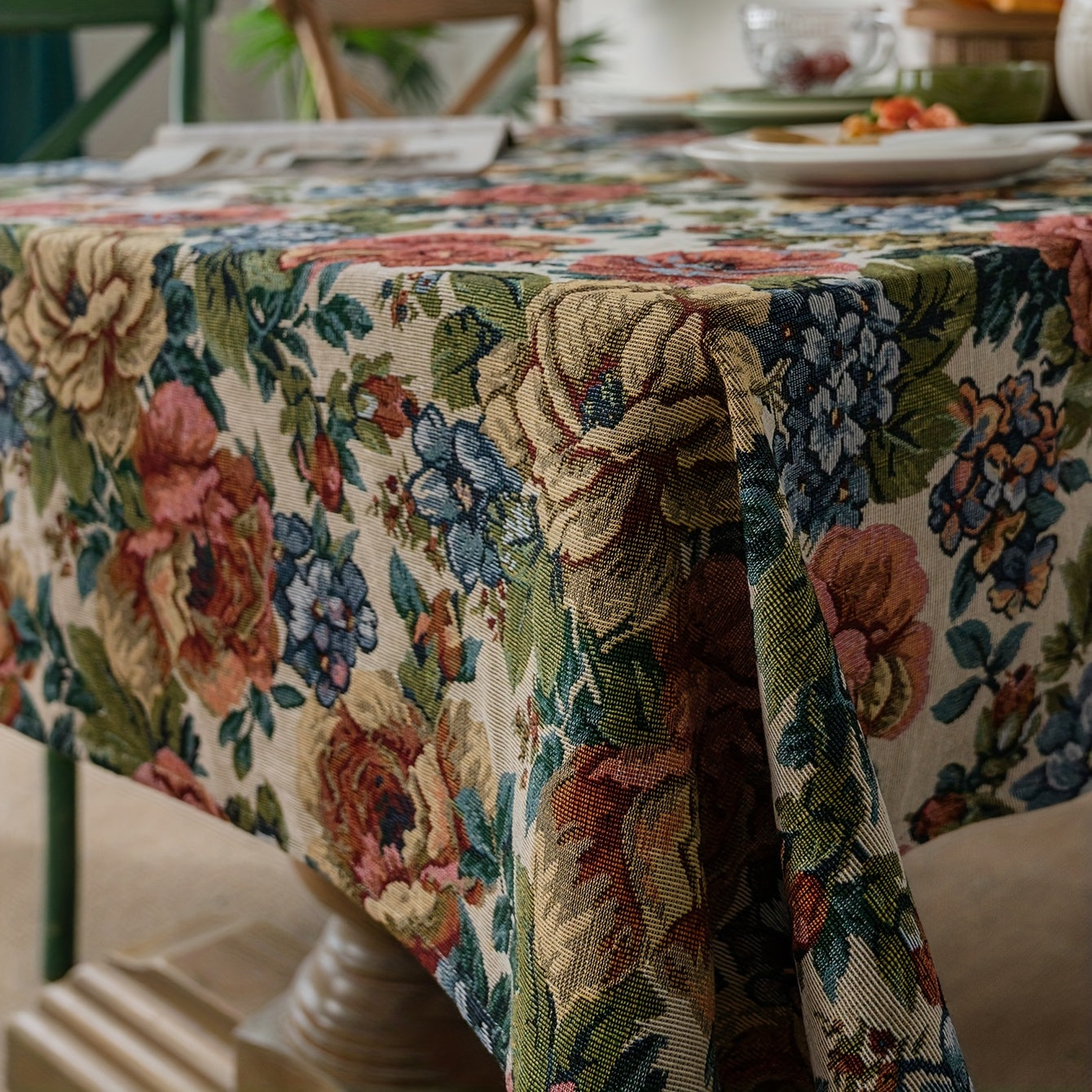 1pc Square Cotton Embroidered Tablecloth - Stylish American Design with Intricate Ball Flower Embroidery - Perfect for Christmas, Adds Elegance to Your Home Decor