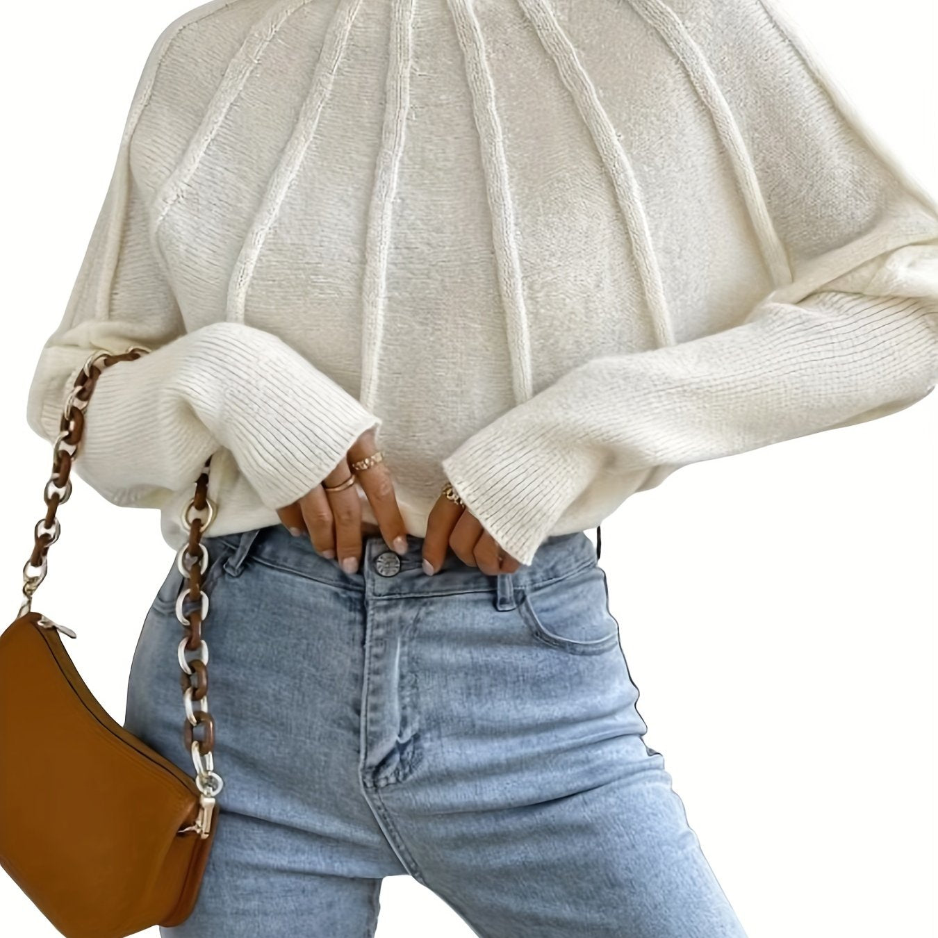 vlovelaw Solid Mock Neck Pullover Sweater, Elegant Batwing Sleeve Stylish Sweater, Women's Clothing