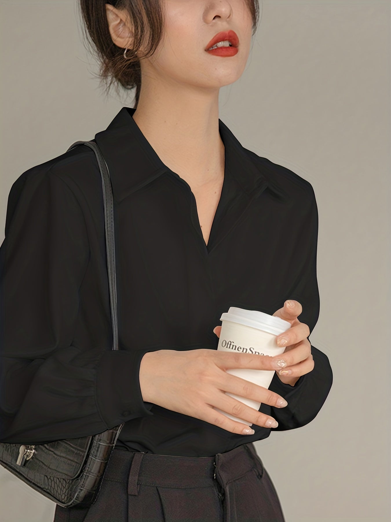 vlovelaw V-neck Loose Lapel Blouses, Casual Chiffon Long Sleeve Fashion Spring Fall Shirts Tops, Women's Clothing