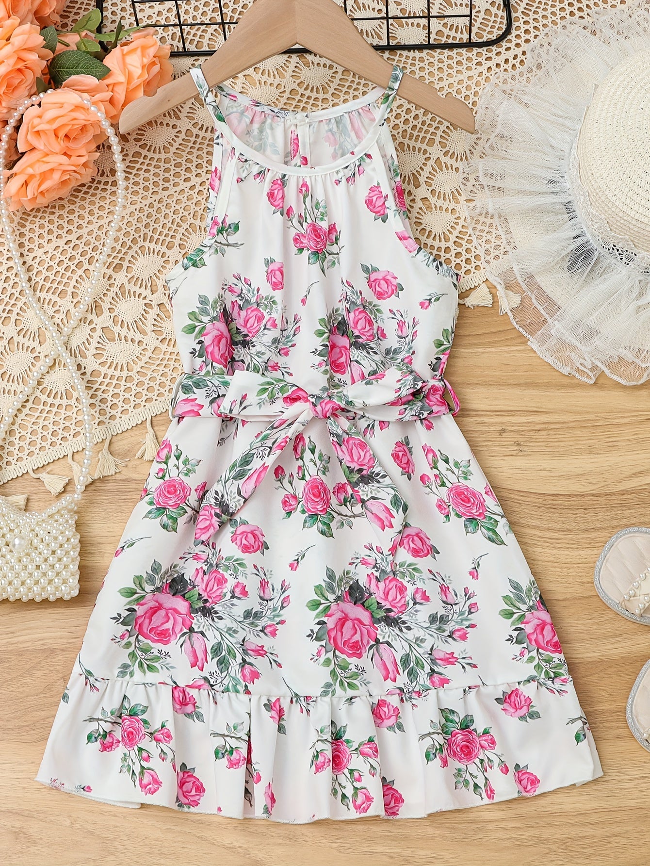 Adorable Vintage-Inspired Girls Floral Halter Dress - Flowy & Breathable for Summer Holidays, Perfect Festive Party Wear & Gift Idea