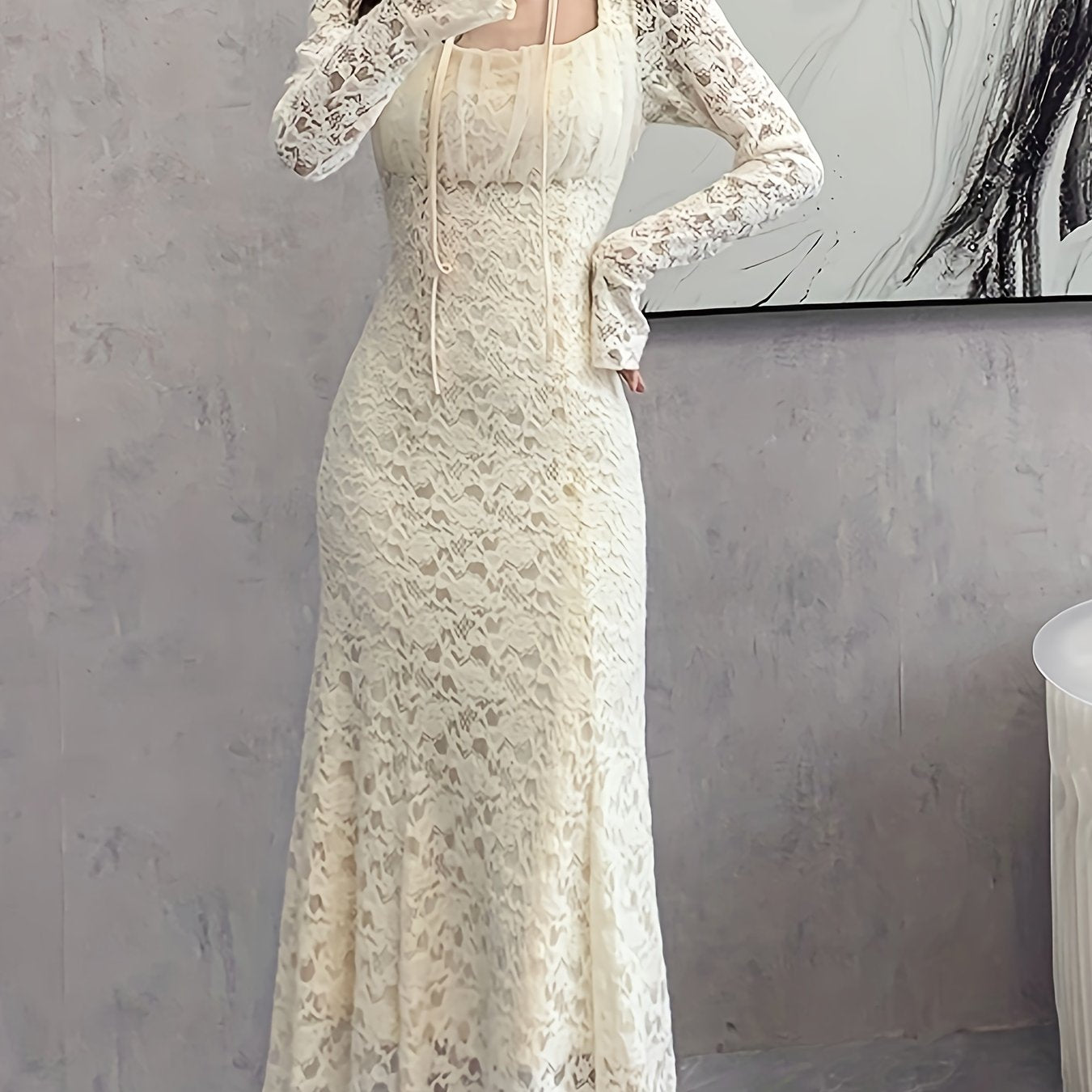 vlovelaw Square Neck Lace Trumpet Dress, Chic Long Sleeve Ruched Mid Calf Dress, Women's Clothing