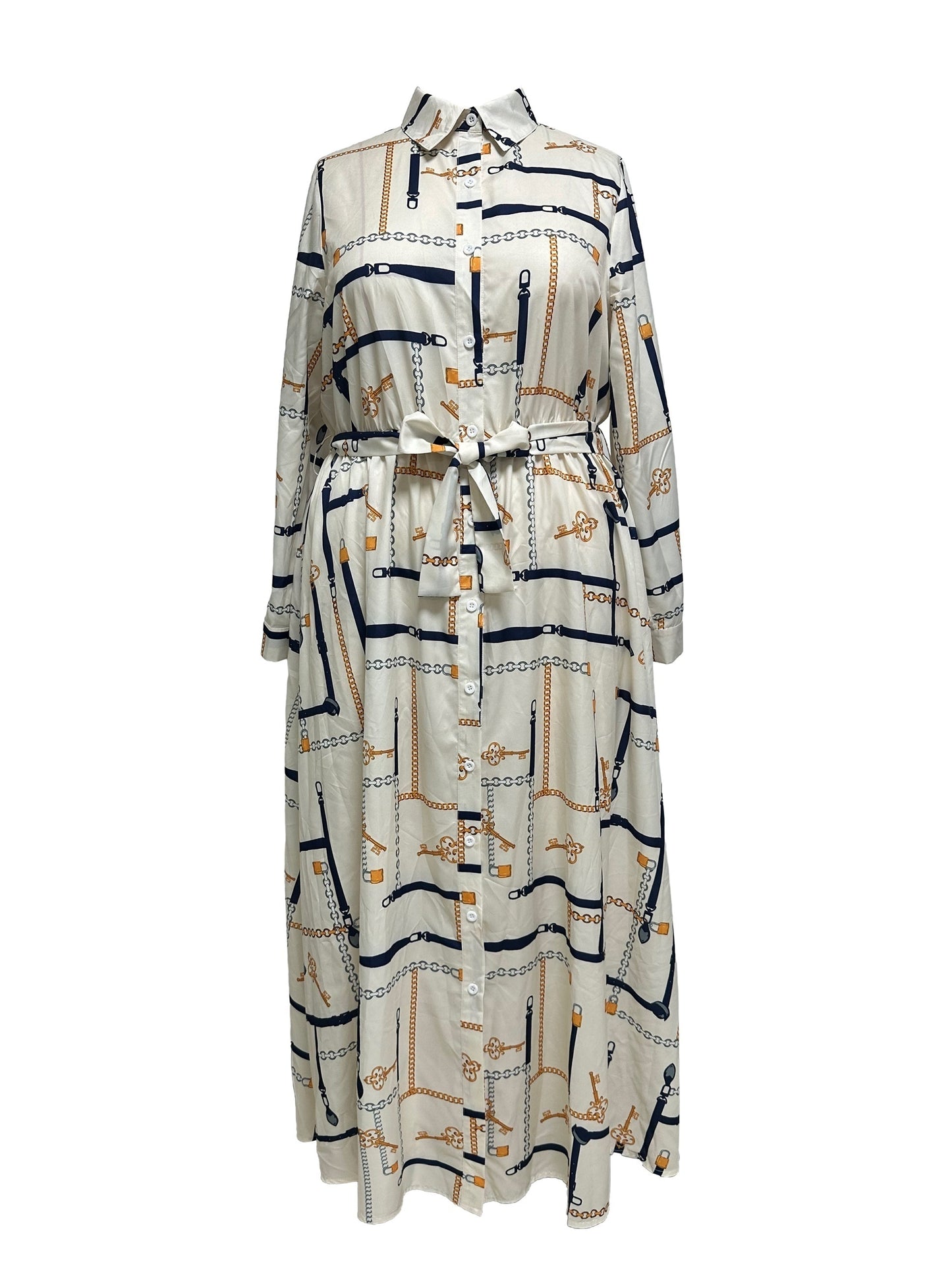 Plus Size Elegant Dress, Women's Plus Chain Print Long Sleeve Button Up Lapel Collar Maxi Shirt Dress With Belt