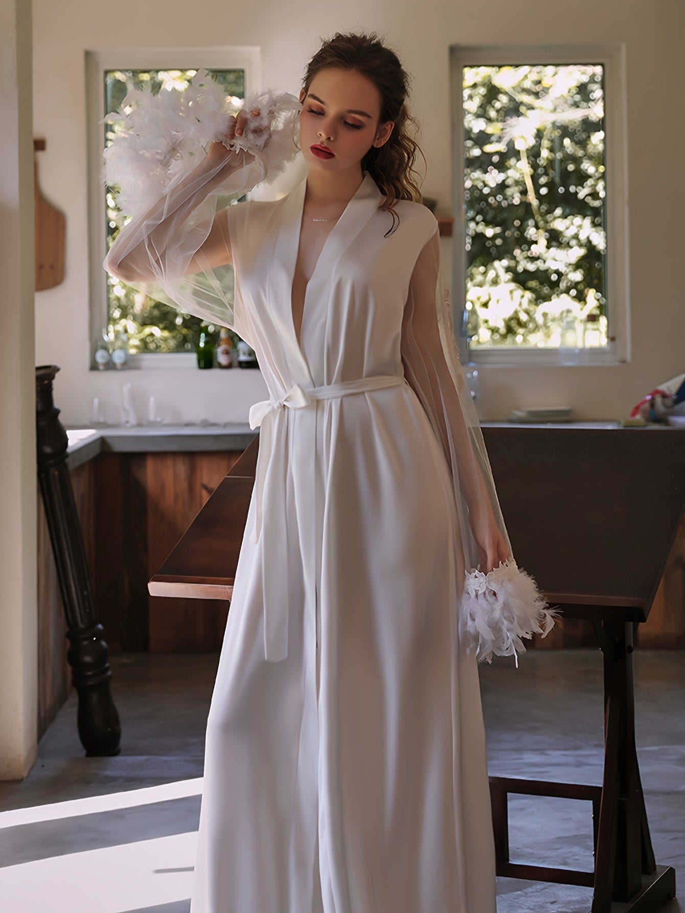 vlovelaw Elegant Solid Feather Decor Night Robe, Contrast Mesh Long Sleeve V Neck Robe With Belt, Women's Sleepwear & Dresses