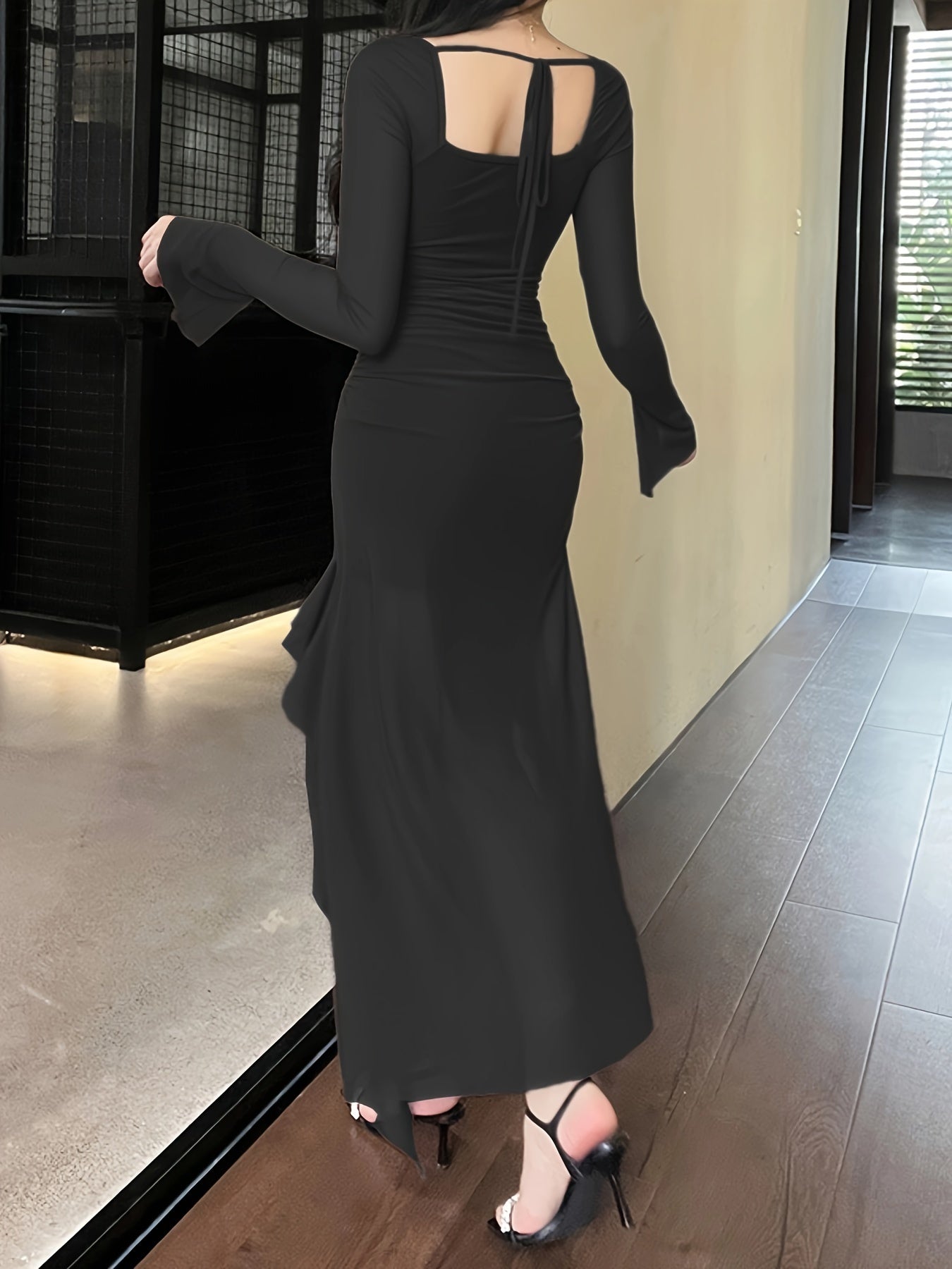 vlovelaw Solid Ruffle Trim Split Asymmetrical Dress, Elegant Flare Sleeve Mesh Ruched Dress, Women's Clothing