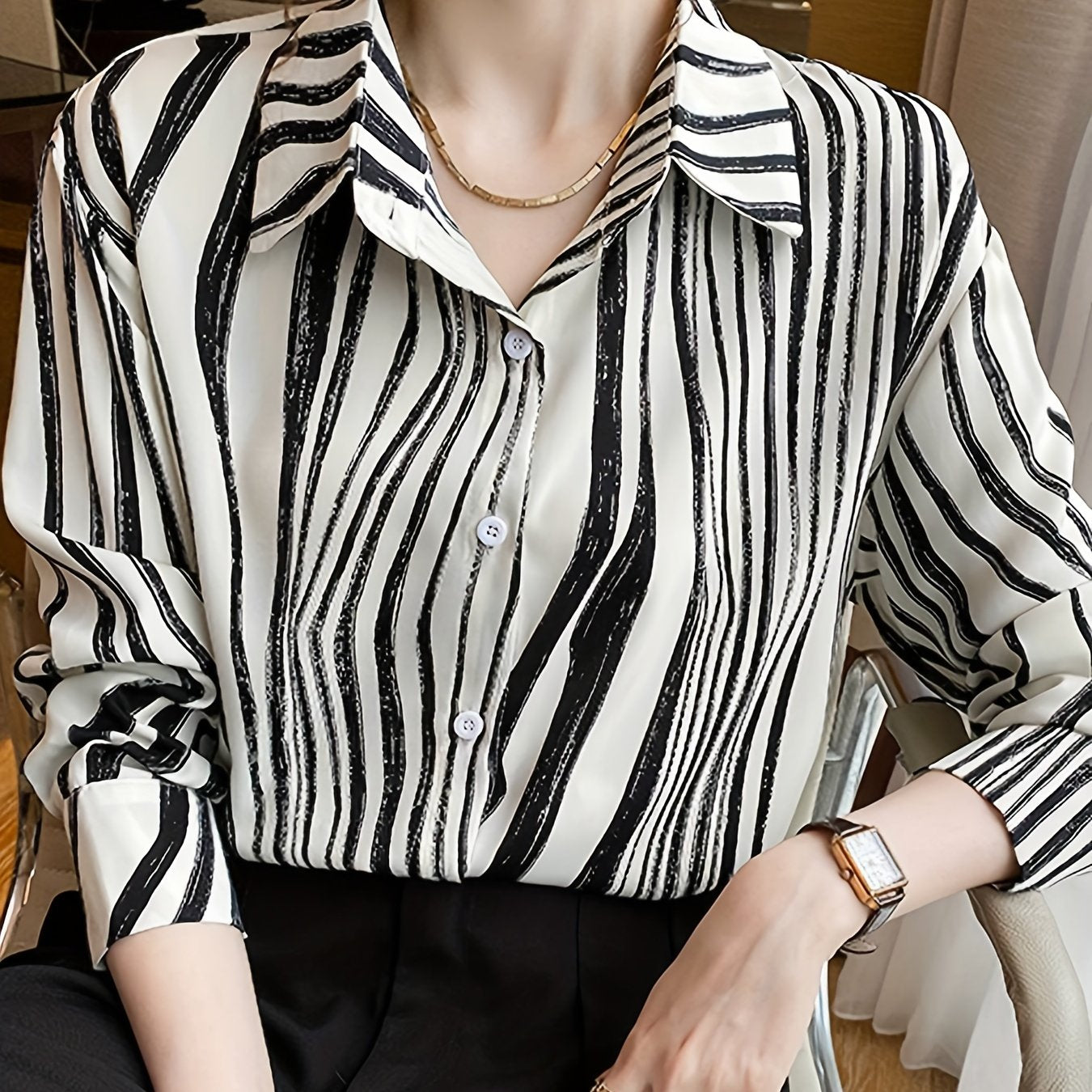 vlovelaw Striped Print Button Front Shirt, Versatile Long Sleeve Shirt For Spring & Fall, Women's Clothing