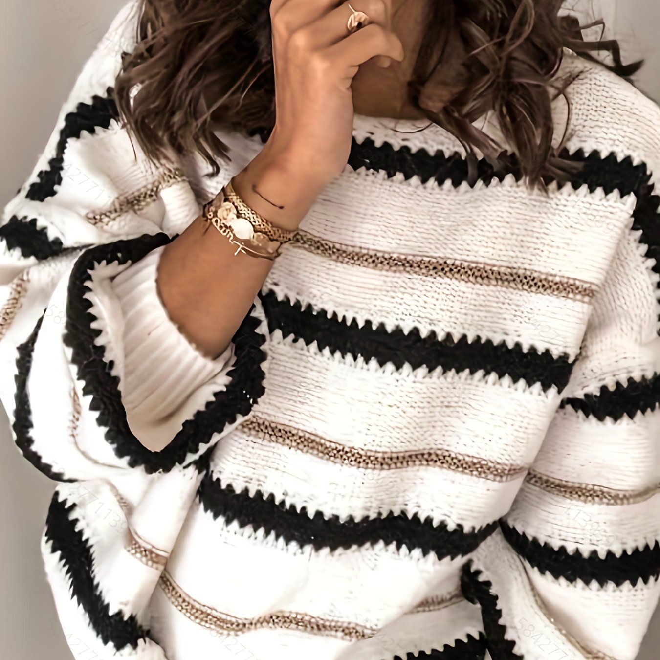 vlovelaw Striped Pattern Crew Neck Knitted Top, Casual Long Sleeve Pullover Sweater For Fall & Winter, Women's Clothing