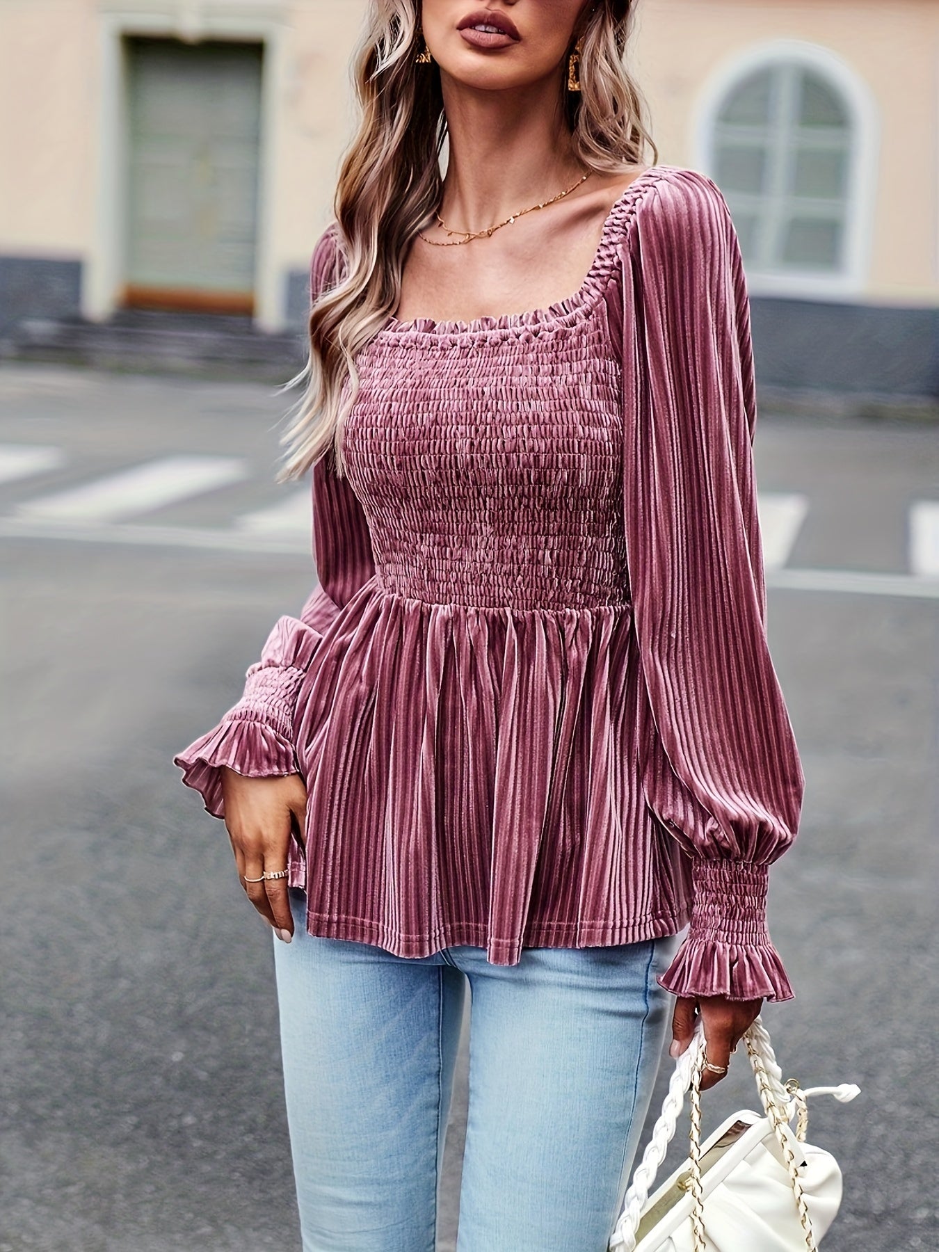 vlovelaw Shirred Velvet Square Neck T-Shirt, Elegant Long Sleeve Top For Spring & Fall, Women's Clothing
