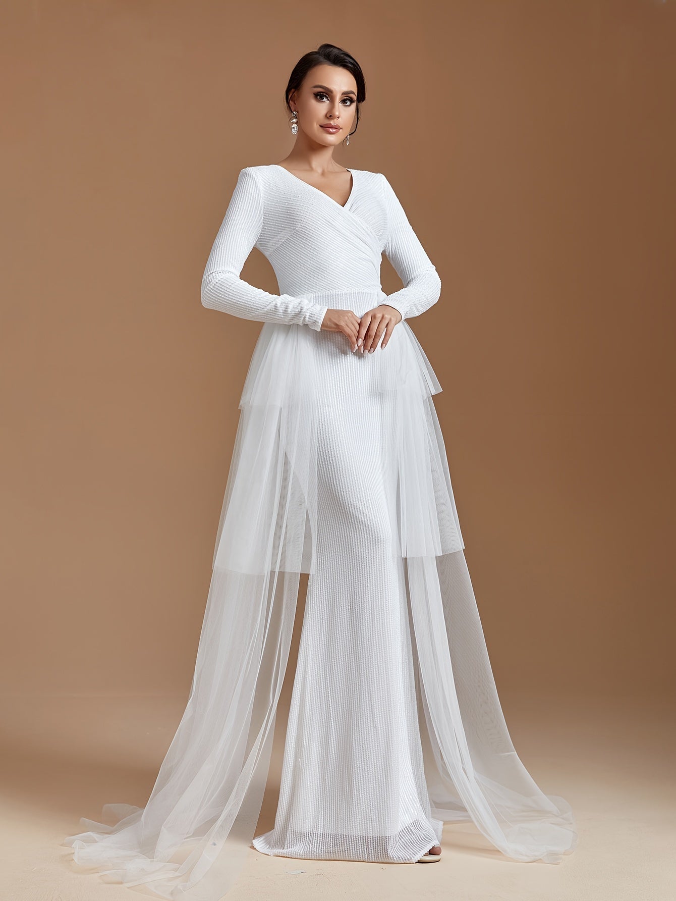 vlovelaw Mesh Panel Sequin Tiered Dress, Long Sleeve V Neck Mermaid Wedding Dress, Women's Clothing