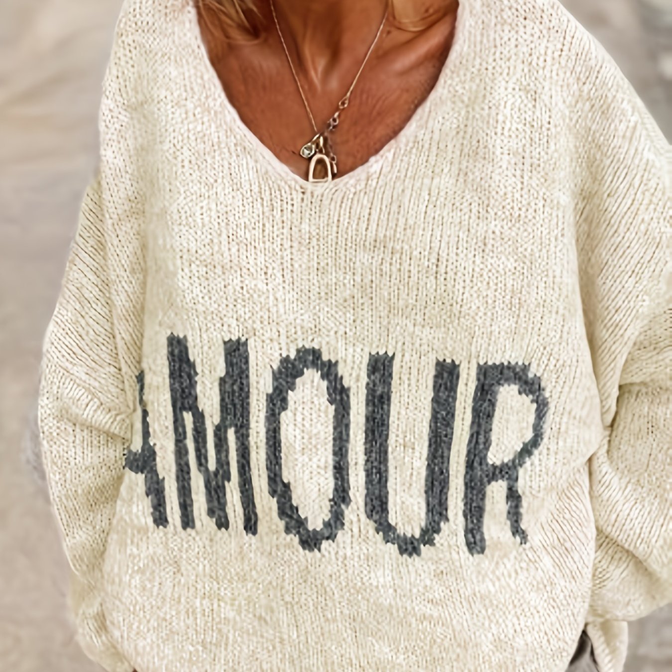 Letter Pattern V Neck Pullover Sweater, Casual Long Sleeve Drop Shoulder Sweater, Women's Clothing