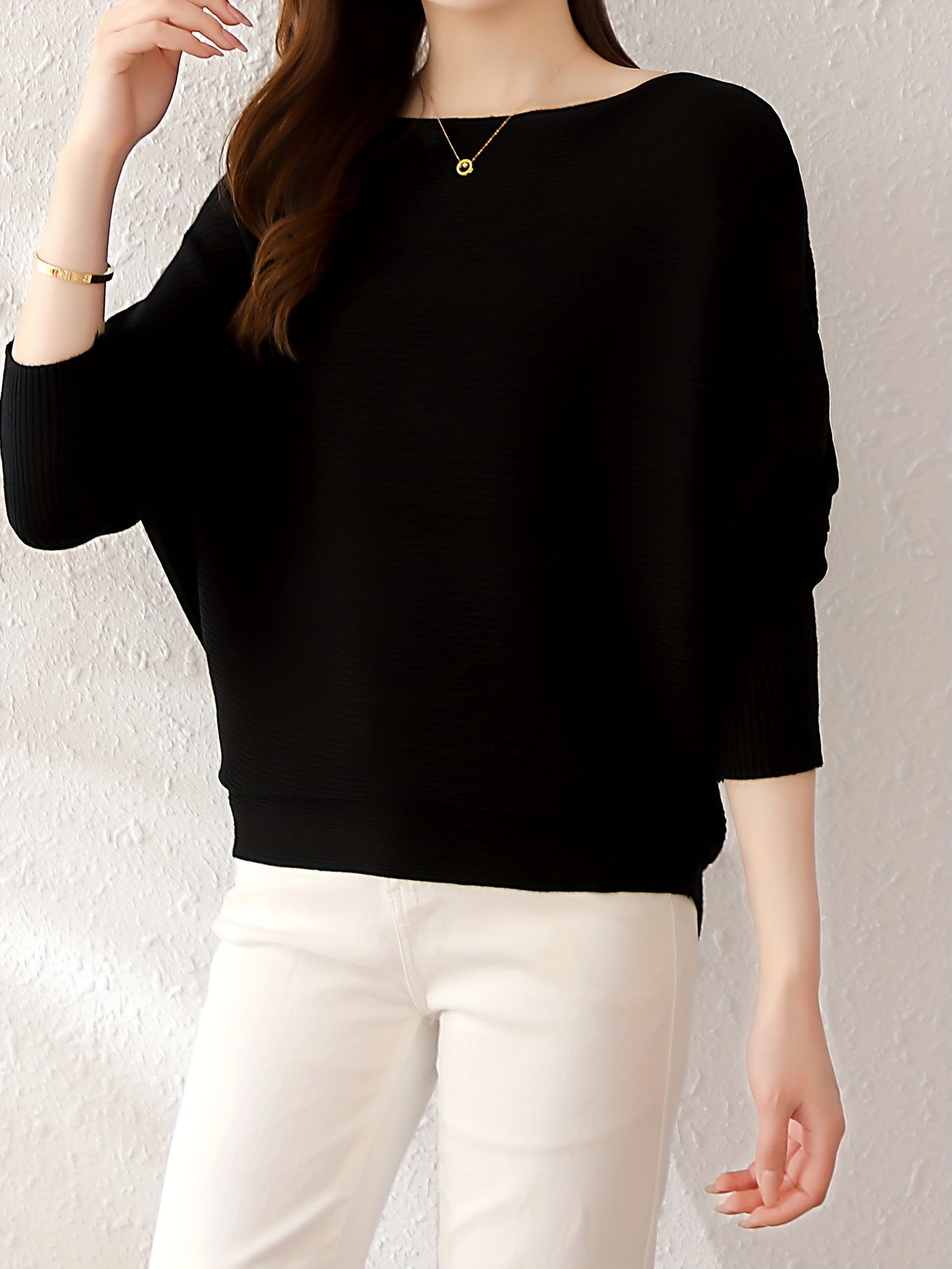 Solid Batwing Sleeve Knit Sweater, Casual Boat Neck Sweater For Spring & Fall, Women's Clothing