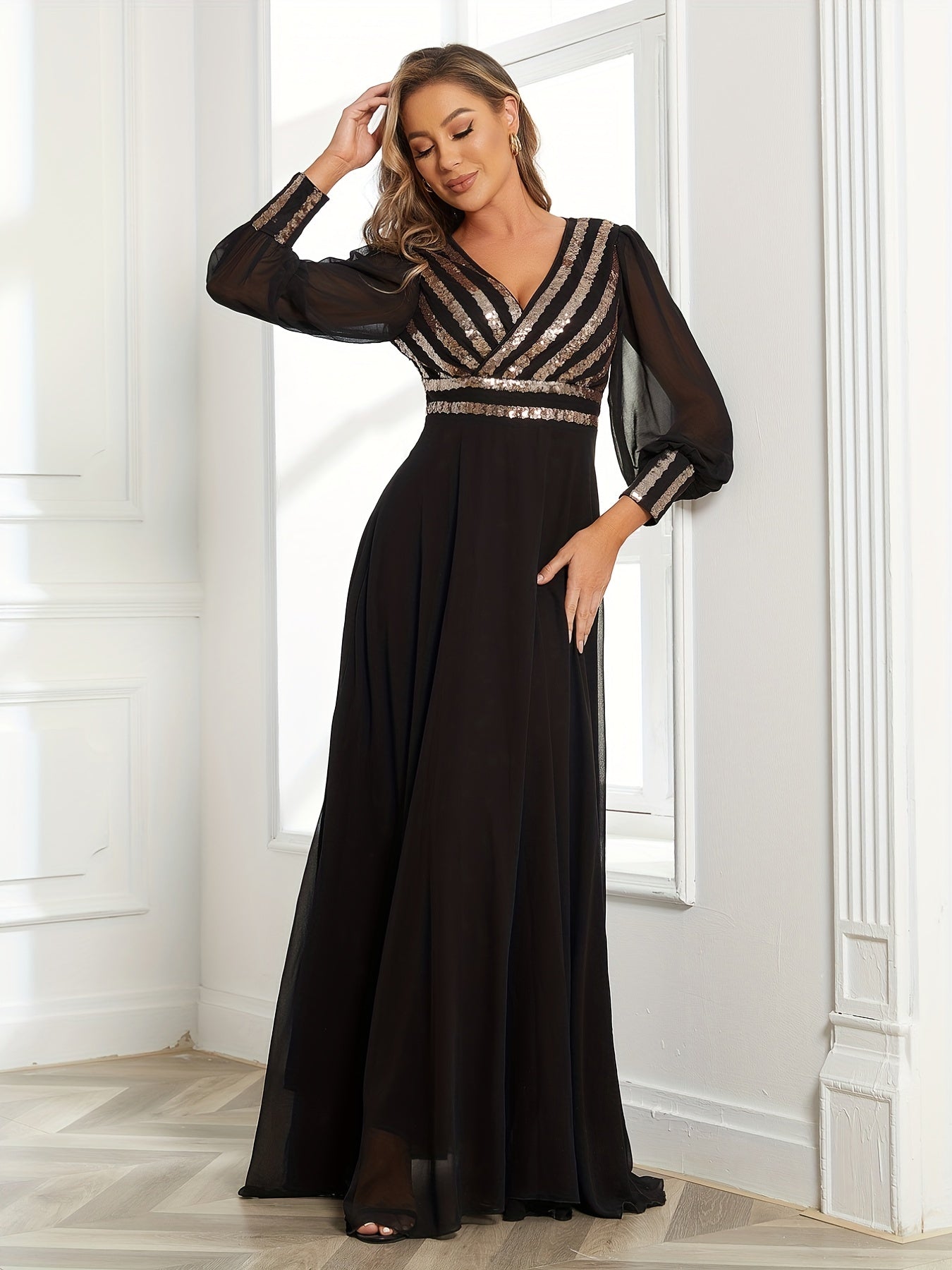 Elegant Striped Sequined Surplice Neck Dress, Sleeveless Ankle Dress For Party & Banquet, Women's Clothing