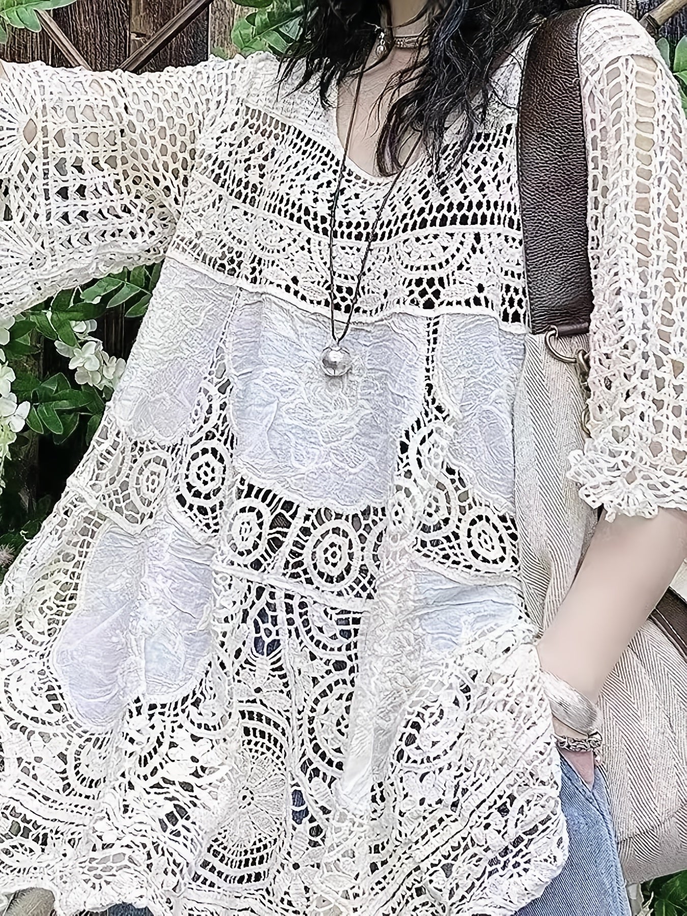 vlovelaw Crochet Cover Up Top, Casual Beach Wear Cut Out Half Sleeve Top, Women's Clothing