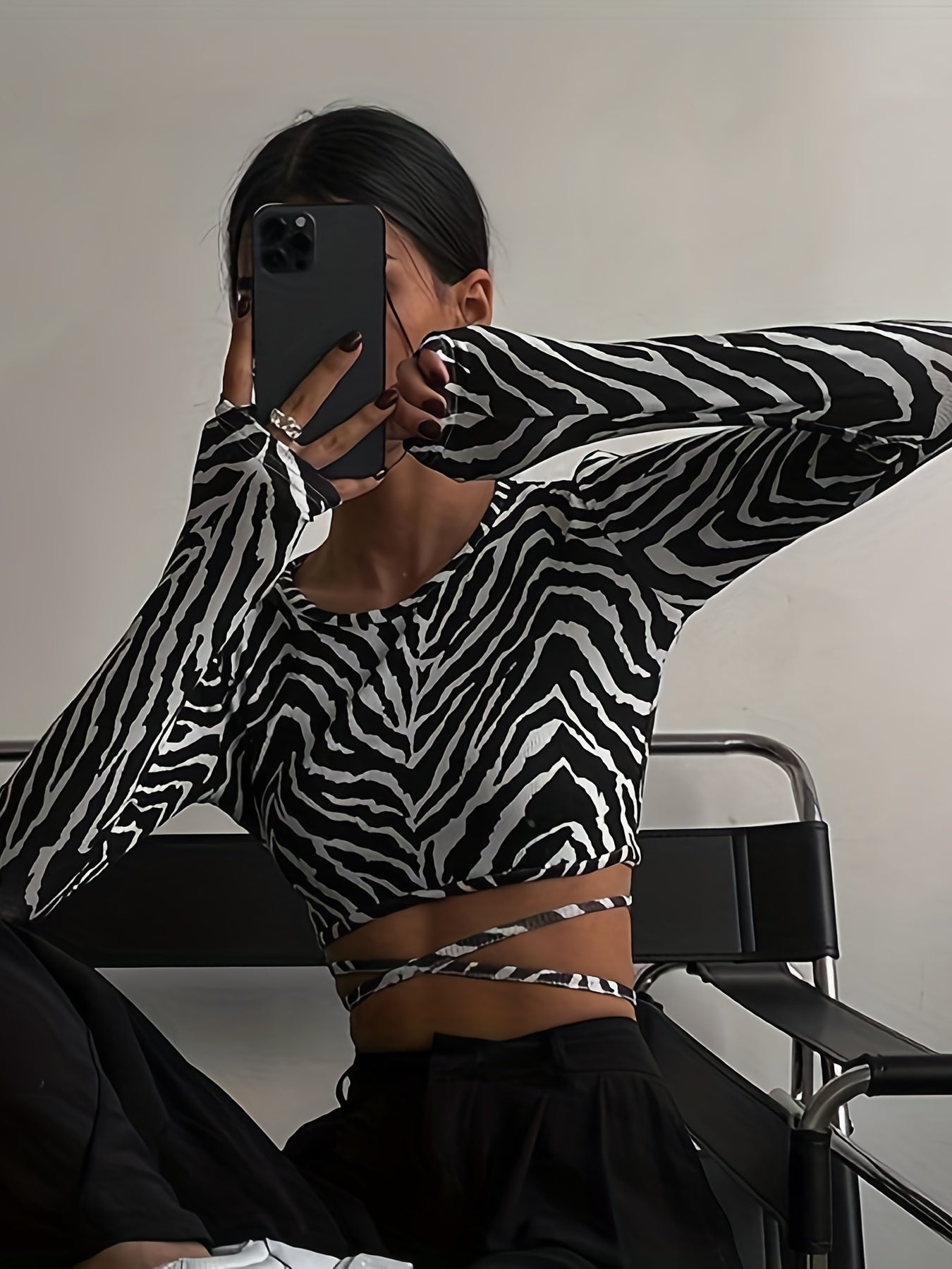 vlovelaw Zebra Print Backless T-shirt, Sexy Crew Neck Long Sleeve Tie Back T-shirt, Women's Clothing